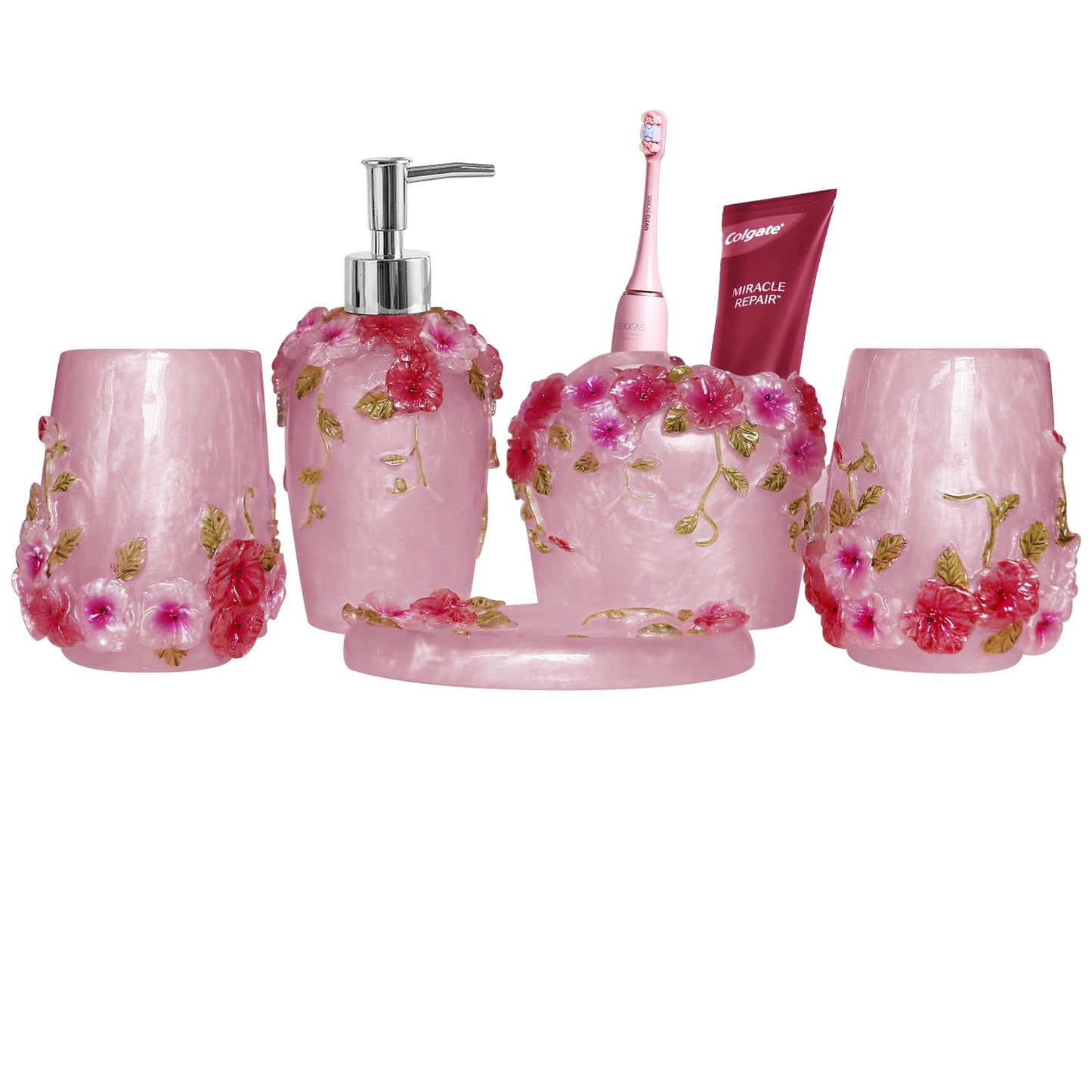 LUANT Vintage Pink Bathroom Accessories, 5Piece Bathroom Accessories Set, Bathroom Set Features, Soap Dispenser, Toothbrush Holder, Tumbler & Soap Dish - Bath Gift Set (Pink)