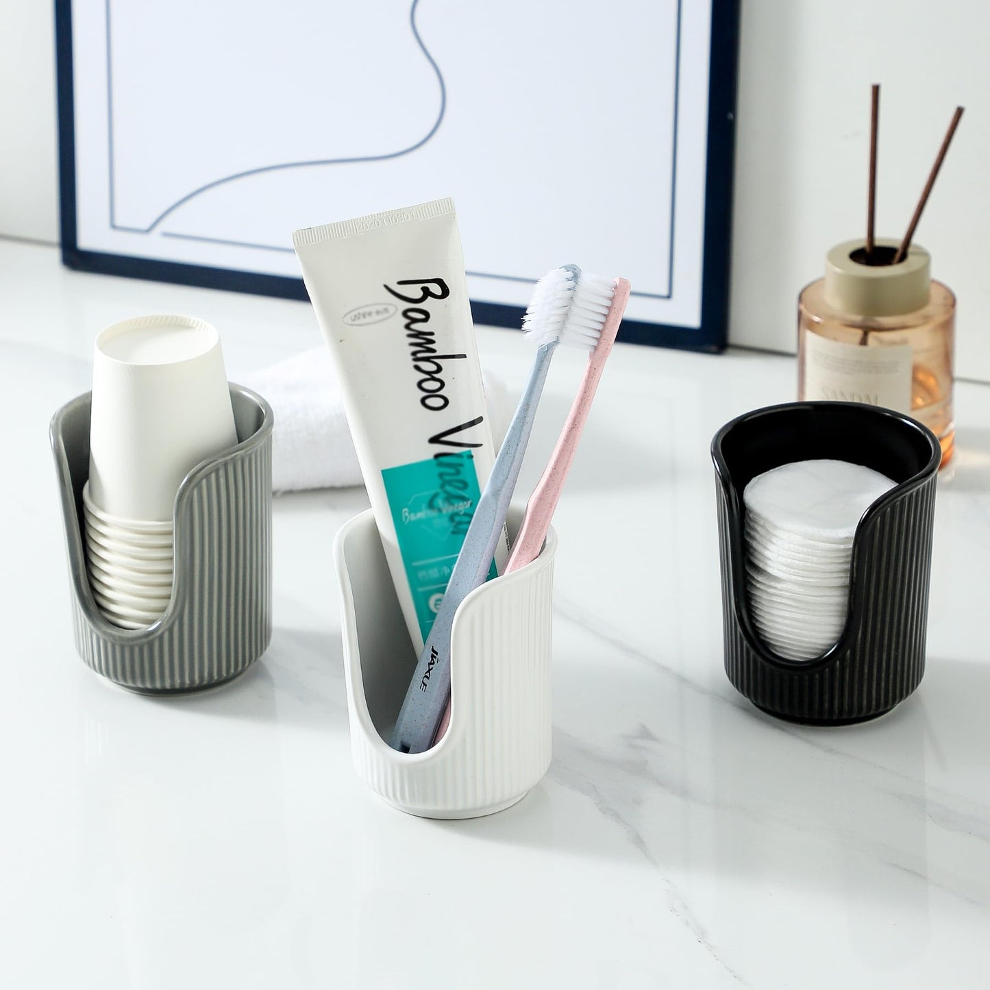 Dobbyby Ceramic Bathroom Cup Dispenser with Stylish Vertical Stripes - Disposable Mouthwash Cup Holder Holds 3-4oz Paper Cups for Rinsing Cups on Bathroom Vanity Countertops (White)