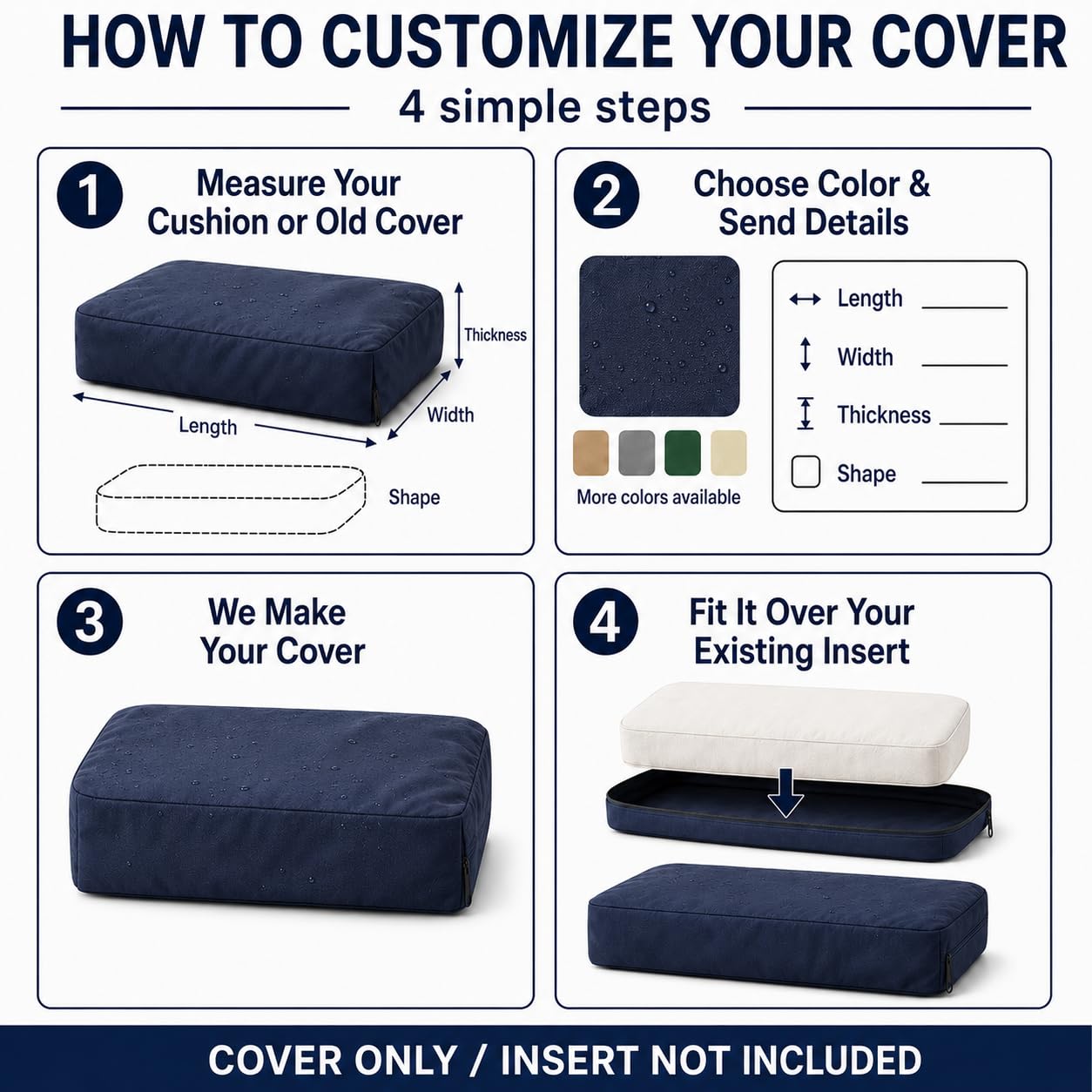 Custom Size Waterproof Cushion Covers with Zipper, Made to Measure Outdoor Patio Furniture Cushion Cover Replacement, 600D Oxford Bench Chair Sofa Seat Slipcover, Cover Only, Any Size & Shape
