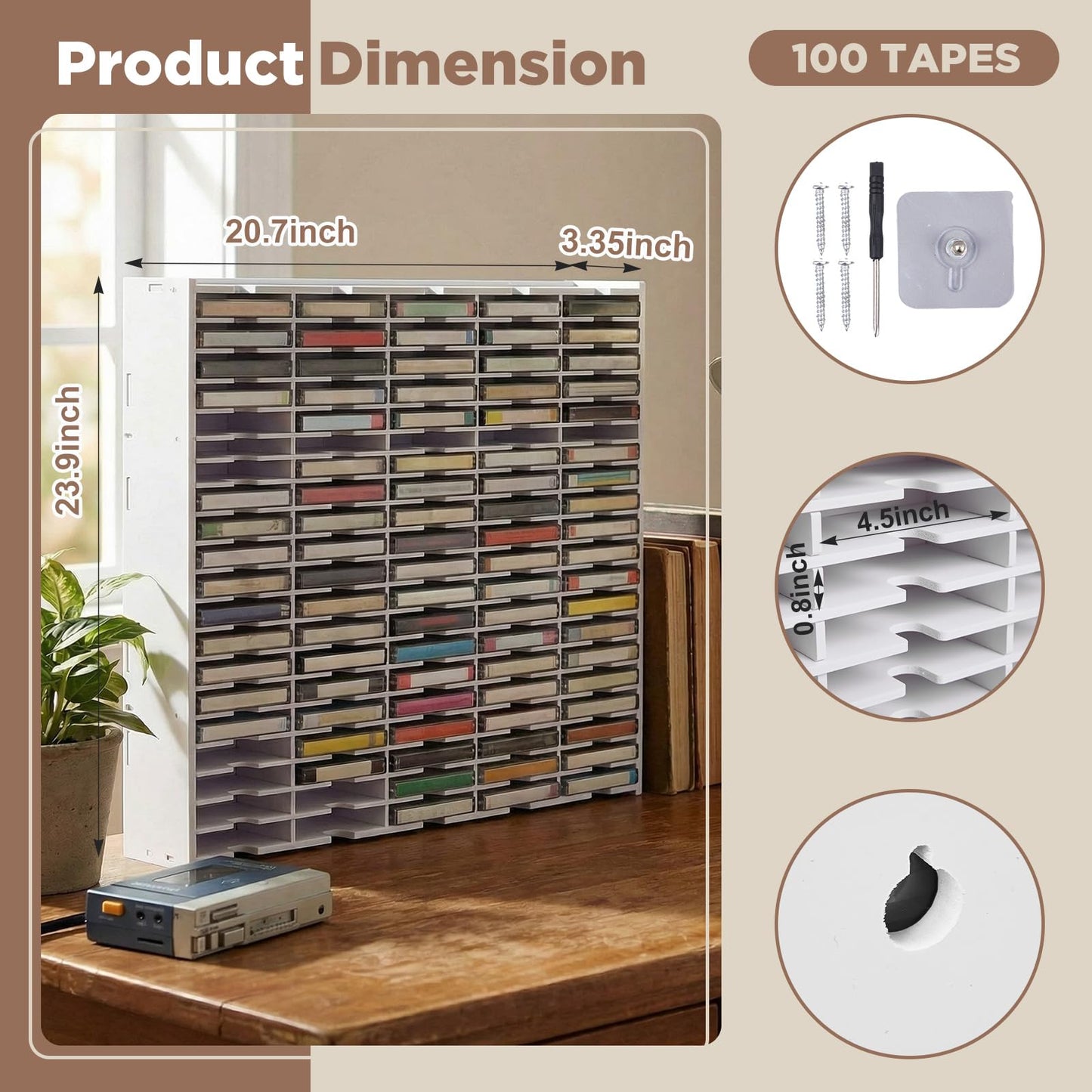 100 Slot Cassette Tape Storage Rack, Wall Mount or Freestanding Organizer