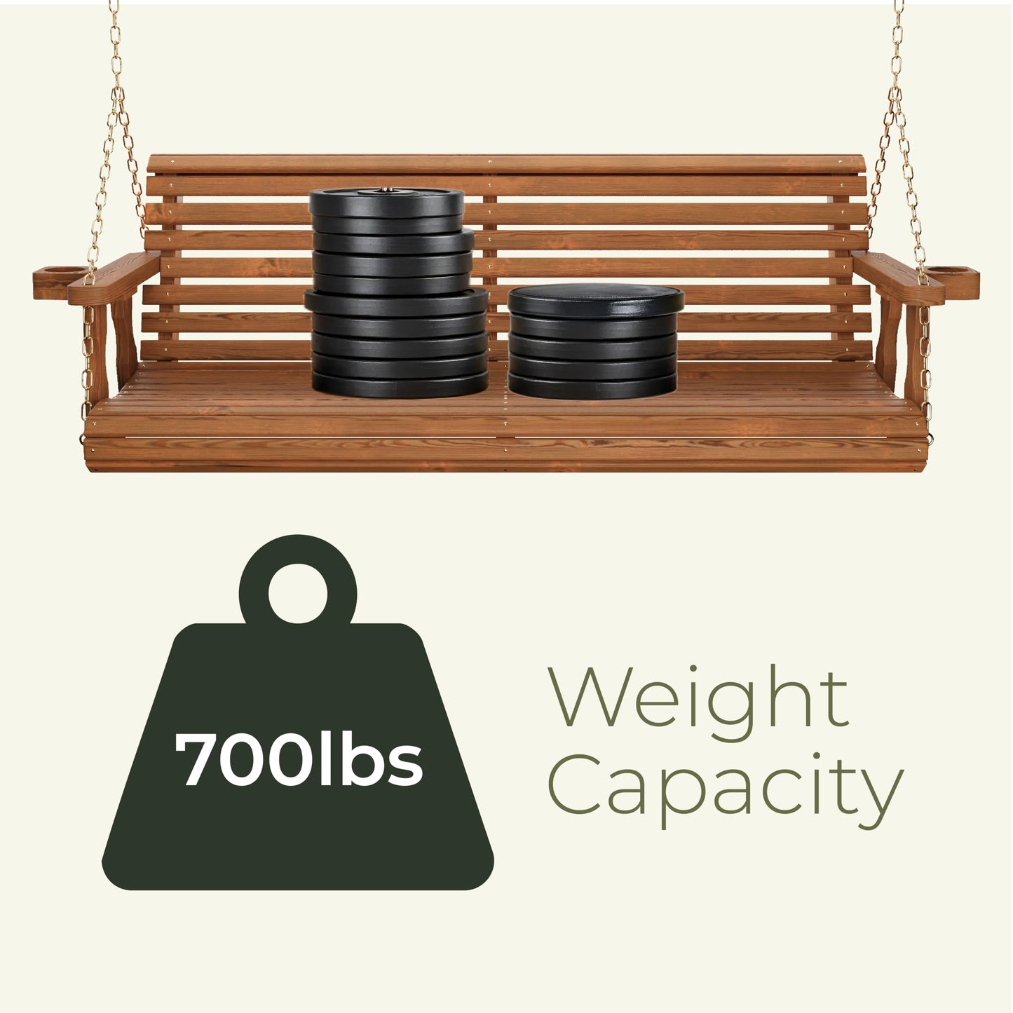 Amish Casual Heavy Duty 700 Lb Capacity Porch Swing with Cup Holders (5 Foot, Cedar Stain) – Wooden Outdoor Roll Back Swing with Hanging Chains – Amish Made in the USA