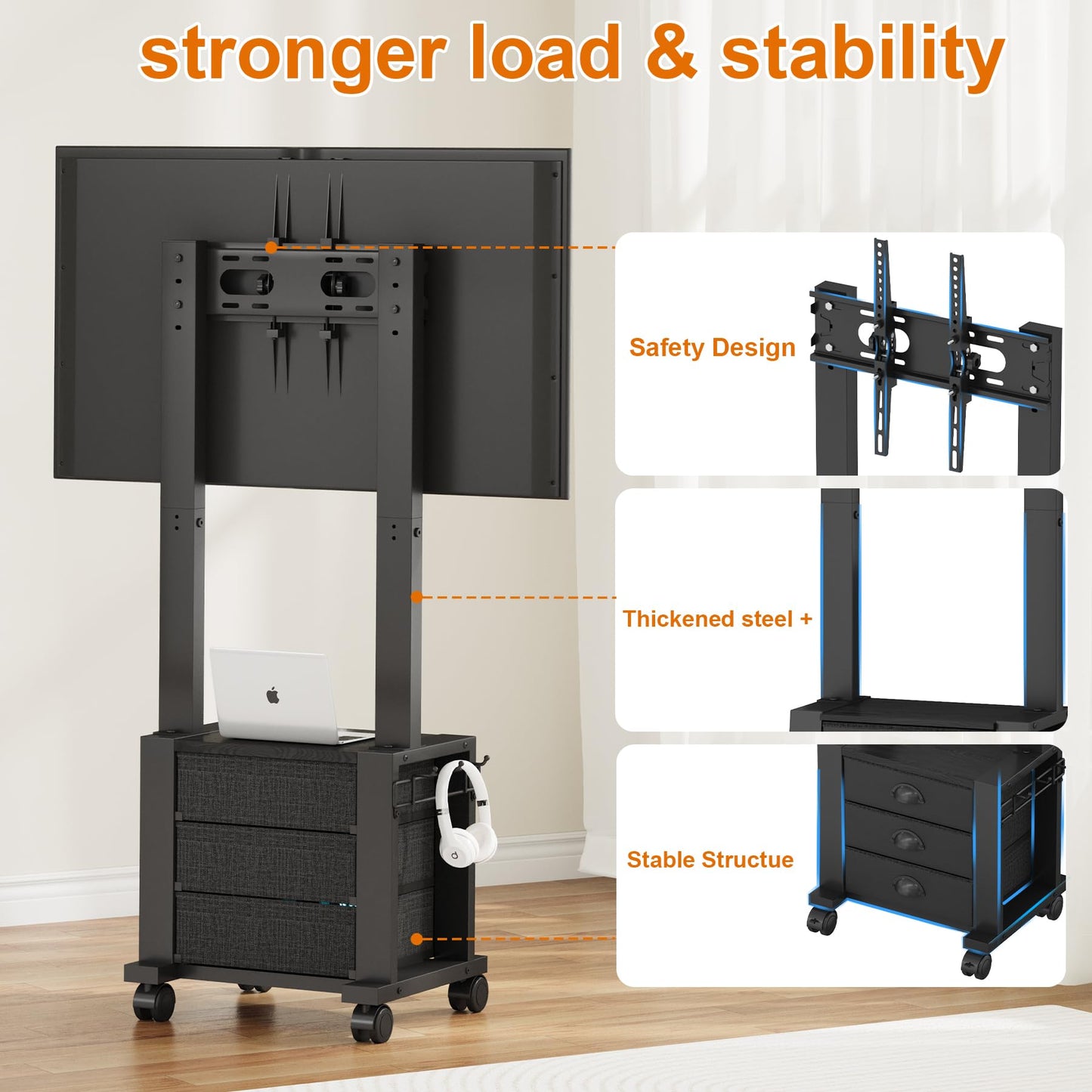 Rolling TV Stand with 3 Drawers for 23-60 Inch TVs with Storage