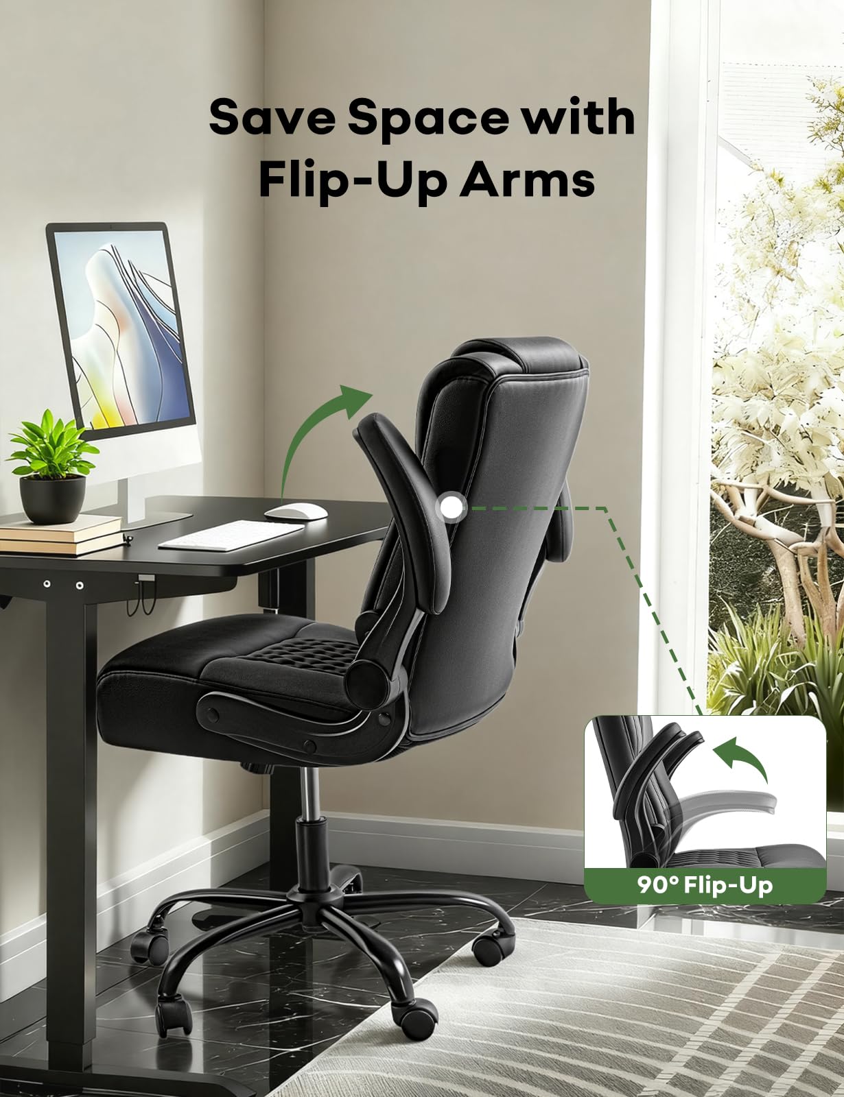 VENDORZ Executive Office Chair, Ergonomic Home Office Desk Chair with Lumbar Support & Flip-up Armrest, PU Leather Computer Seating for Short People, Black
