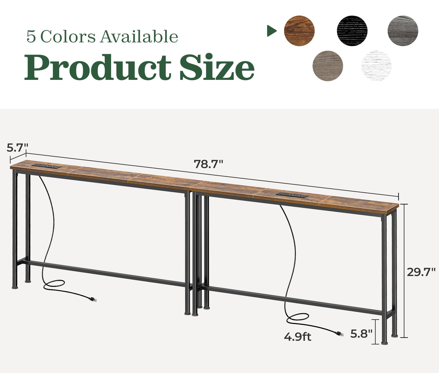 SUPERJARE 78.8 inch Narrow Console Table with Outlet, Sofa Tables, Behind Couch Table, Long Entryway Tables with Charging Station, for Living Room, Rustic Brown