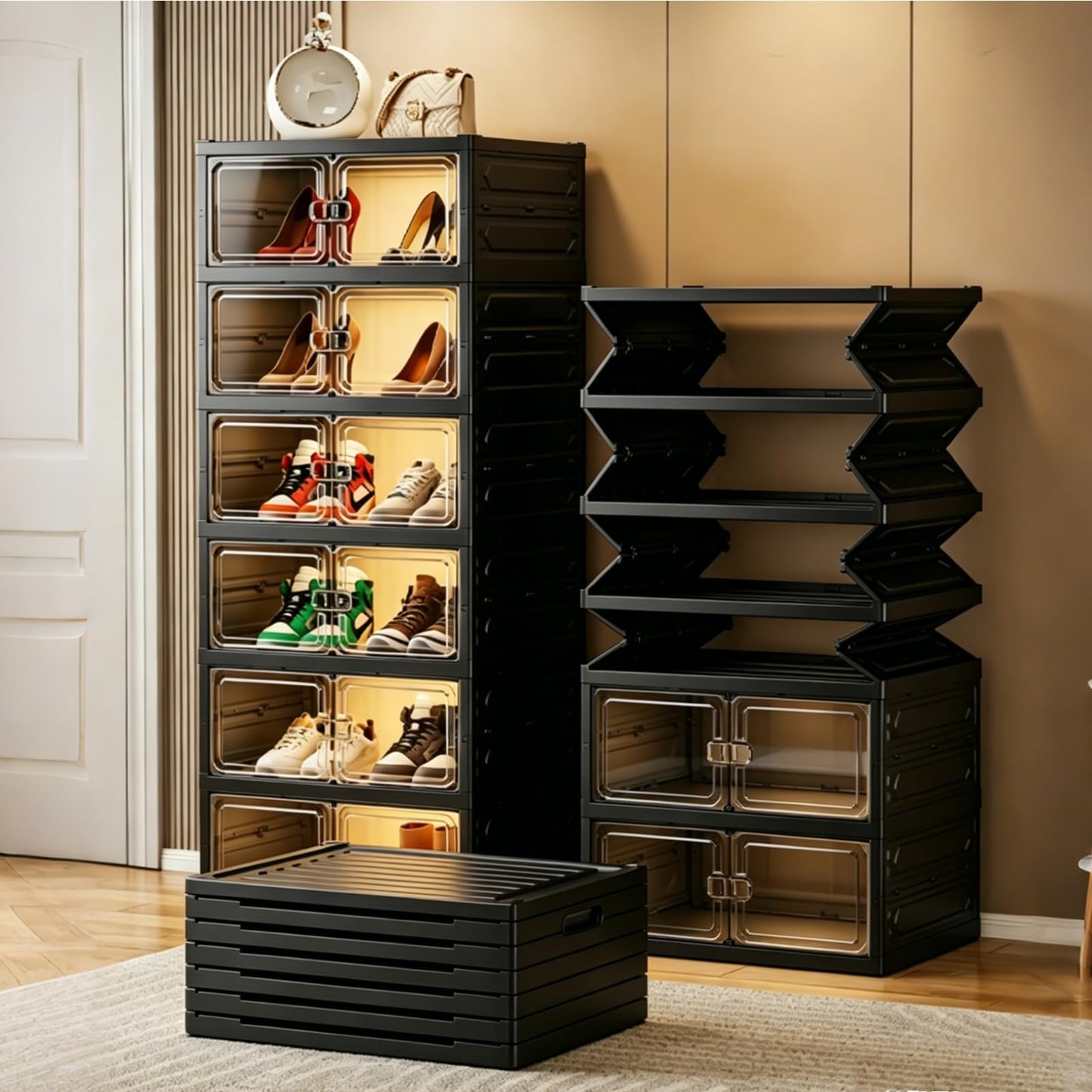 UFORU 9-Tier Black Foldable Shoe Rack,18-Pair Organizer with Magnetic Doors