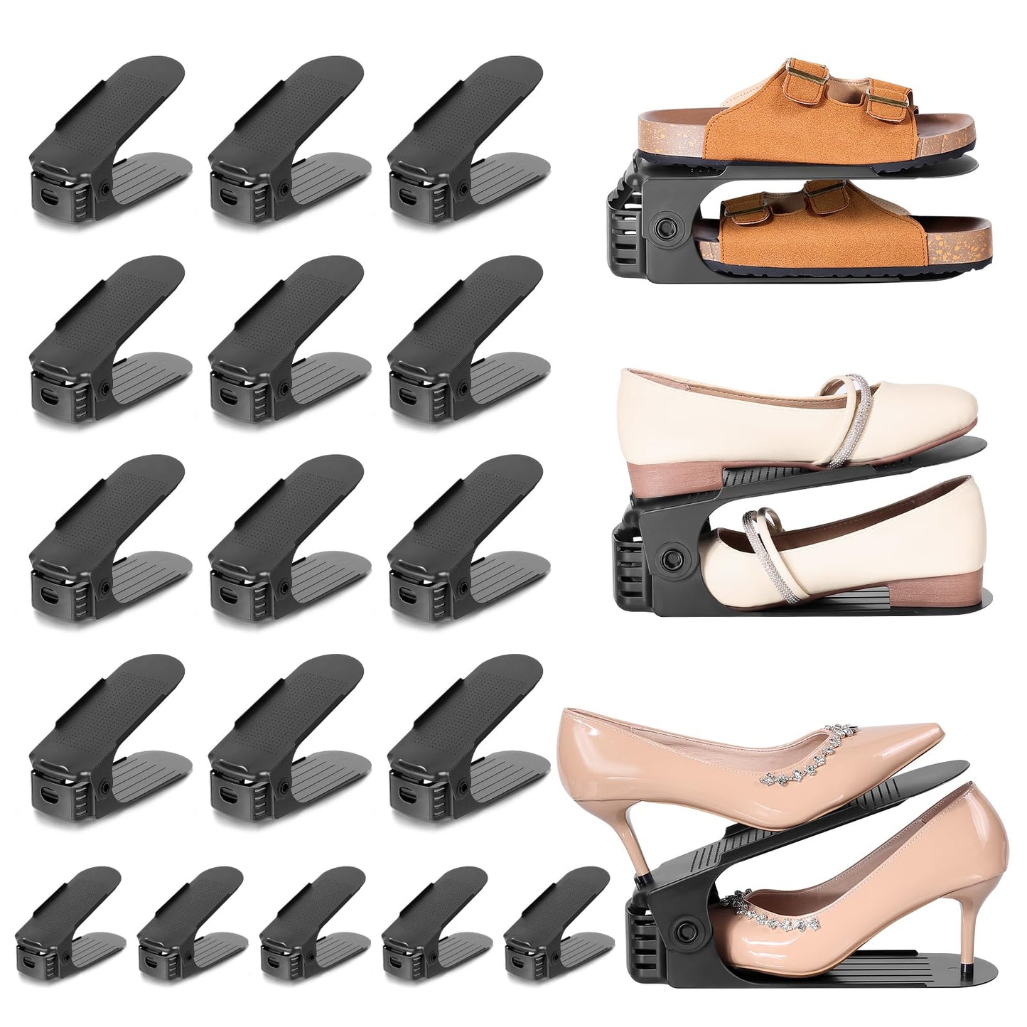 TOPNEW 20 Pack Shoe Slots Organizer Shoe Stacker for a Pair of Shoes 4 Levels Adjustable 50% Shoe Space Saver Double Layer Shoe Rack Organizer for Closet (Black)