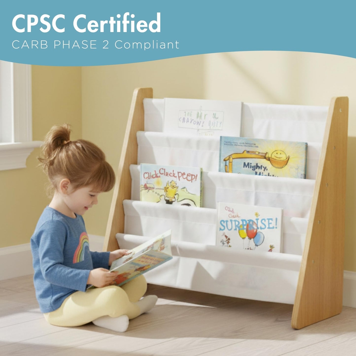 Humble Crew Kids Bookshelf, 4-Tier Front-Facing Book Display Organizer, Montessori Toddler Bookcase for Playroom, Bedroom & Reading Corner, Natural Wood/White