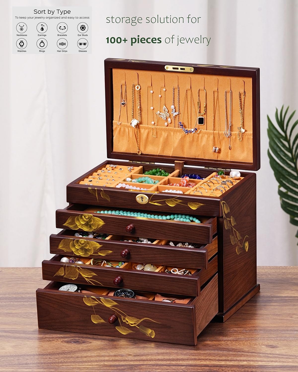 Painted Wooden Jewelry Box for Women, 6-Layer Vintage Organizer with Lock