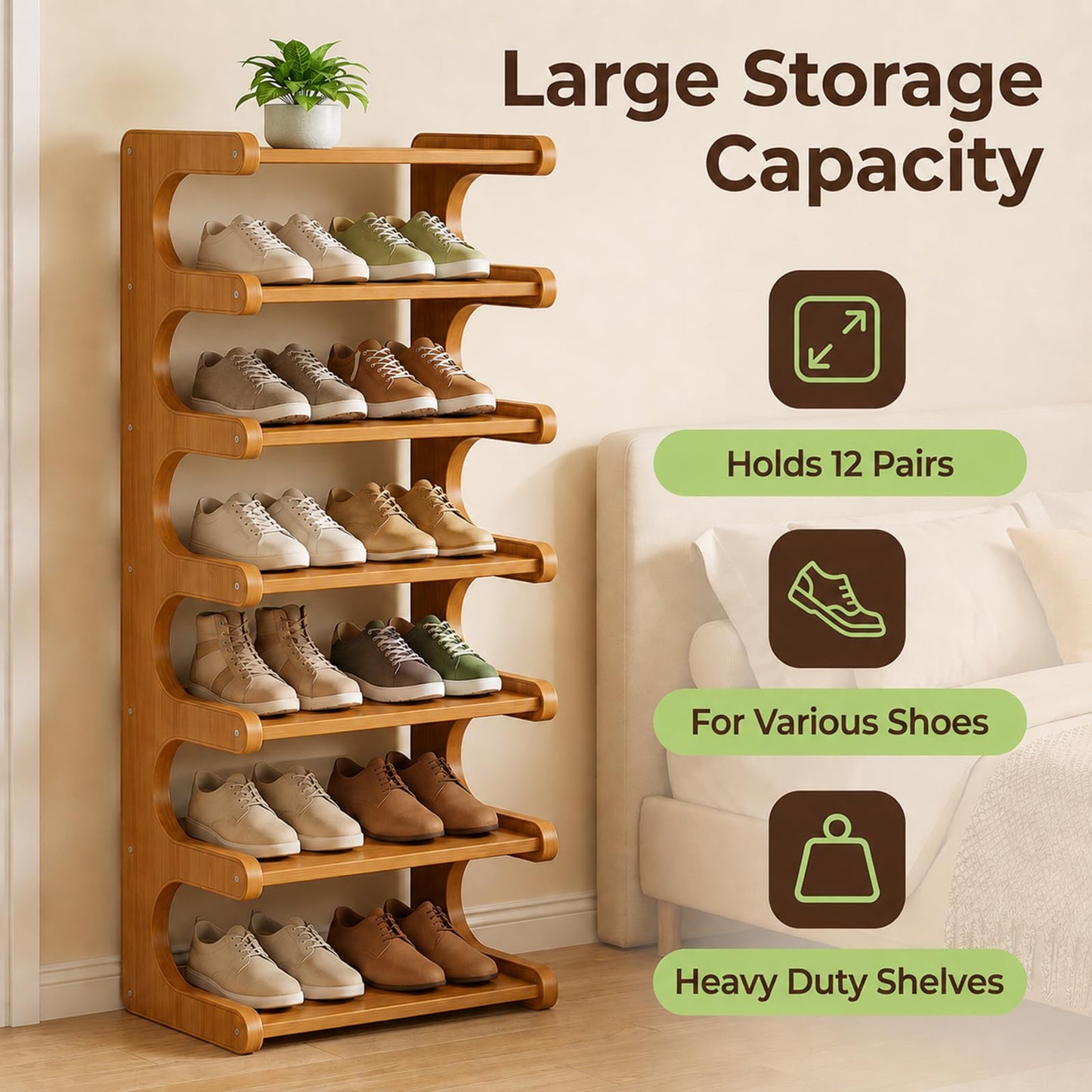 Vertical Bamboo Shoe Rack for Entryway - 7 Tier Tall Narrow Wooden Shoe Rack Tower, Freestanding Floor Shoe Storage Organizer for Closet, Bedroom, Corner & Small Spaces, Heavy Duty Open Shelf, Walnut