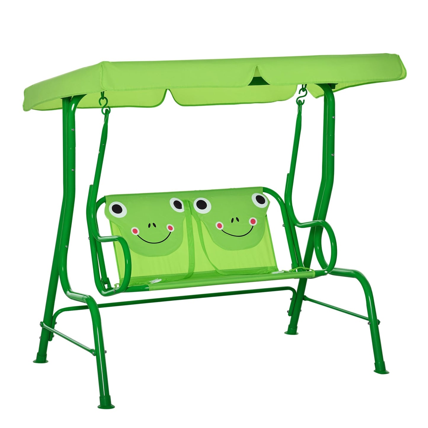 Outsunny Kids Patio Swing, 2-Seater Outdoor Swing Chair with Adjustable Canopy and Safety Belt, Frog Pattern Hanging Swing Bench for Garden or Backyard, Green