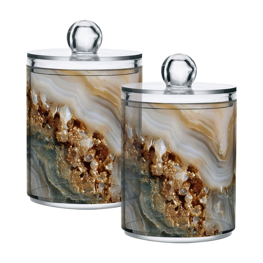 Xmycdz 2 Pack Agate Marble Apothecary Jars with Lid, 10 Oz Clear Plastic Apothecary Jar Set Qtip Holder Storage Containers for Cotton Ball Swabs Bathroom Vanity