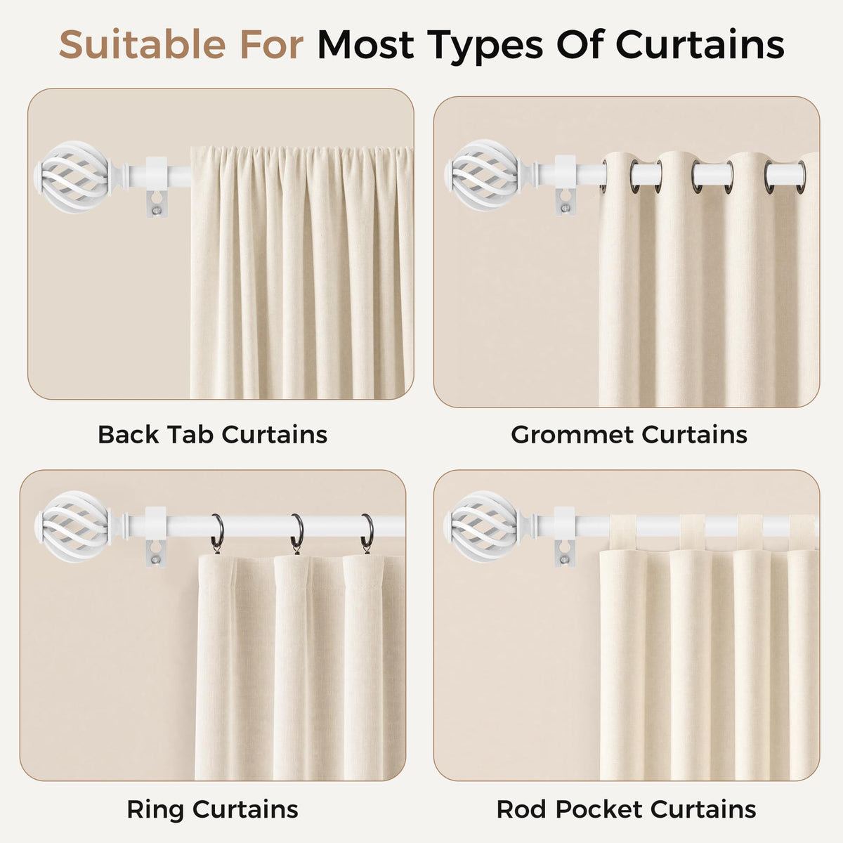 White Decorative Curtain Rods for Windows, 2 Pack Adjustable 30-60 Inch