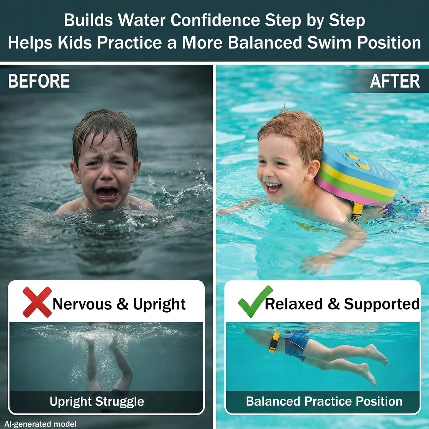 Swim Float Kids Back Belt: Pool Safe Dual-Lock Buckle 140lbs Pull-Tested - Zero Slip-Off Risk Trainer Bubble - 4-Layer Adjustable Buoyancy for Swimmers 3-12 Yrs