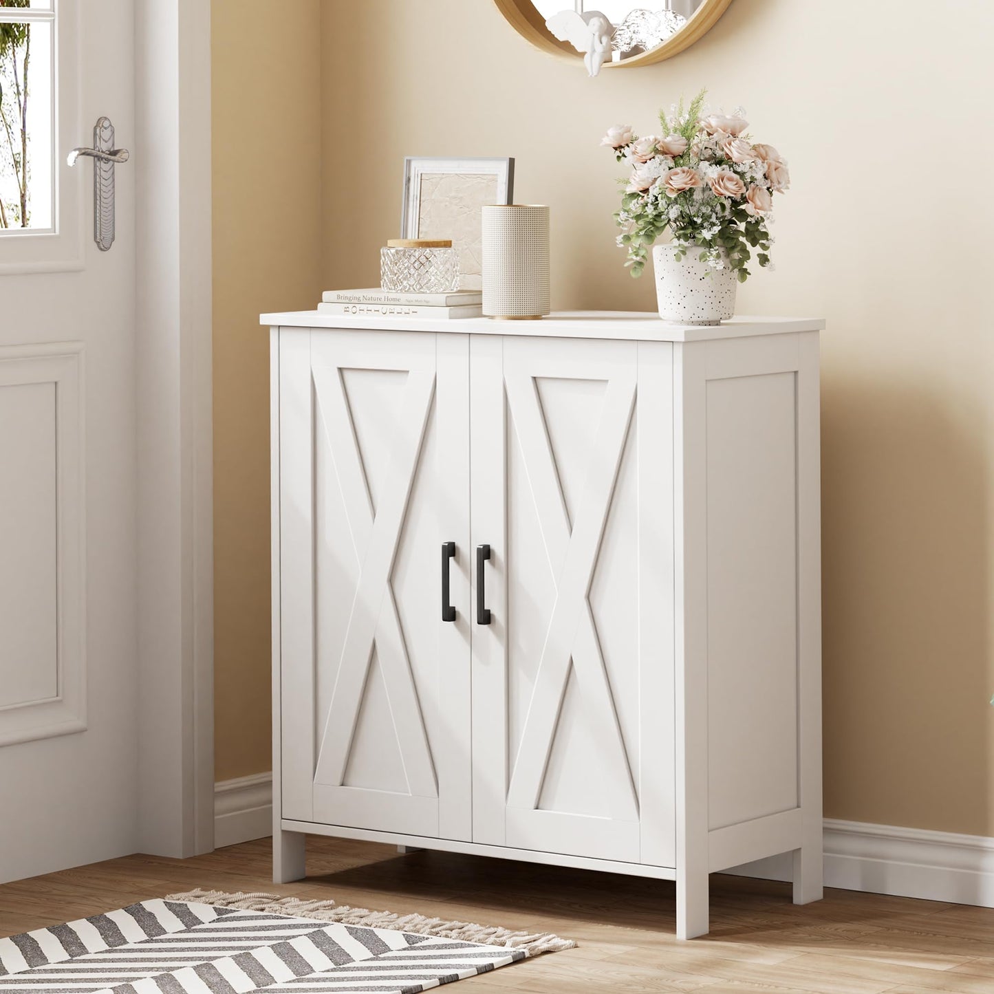 Homleke Farmhouse Shoe Cabinet with 2 Barn Doors & Wood Legs