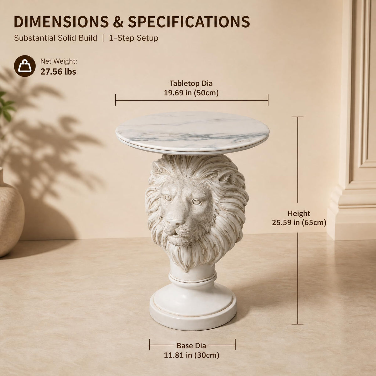 Eshiaeid White Lion Head Sculptural Side Table with Faux Marble Top, 19.7" Round Animal End Table, 25.6" H Majestic Accent Nightstand for Living Room & Bedroom, Luxury Housewarming Gift