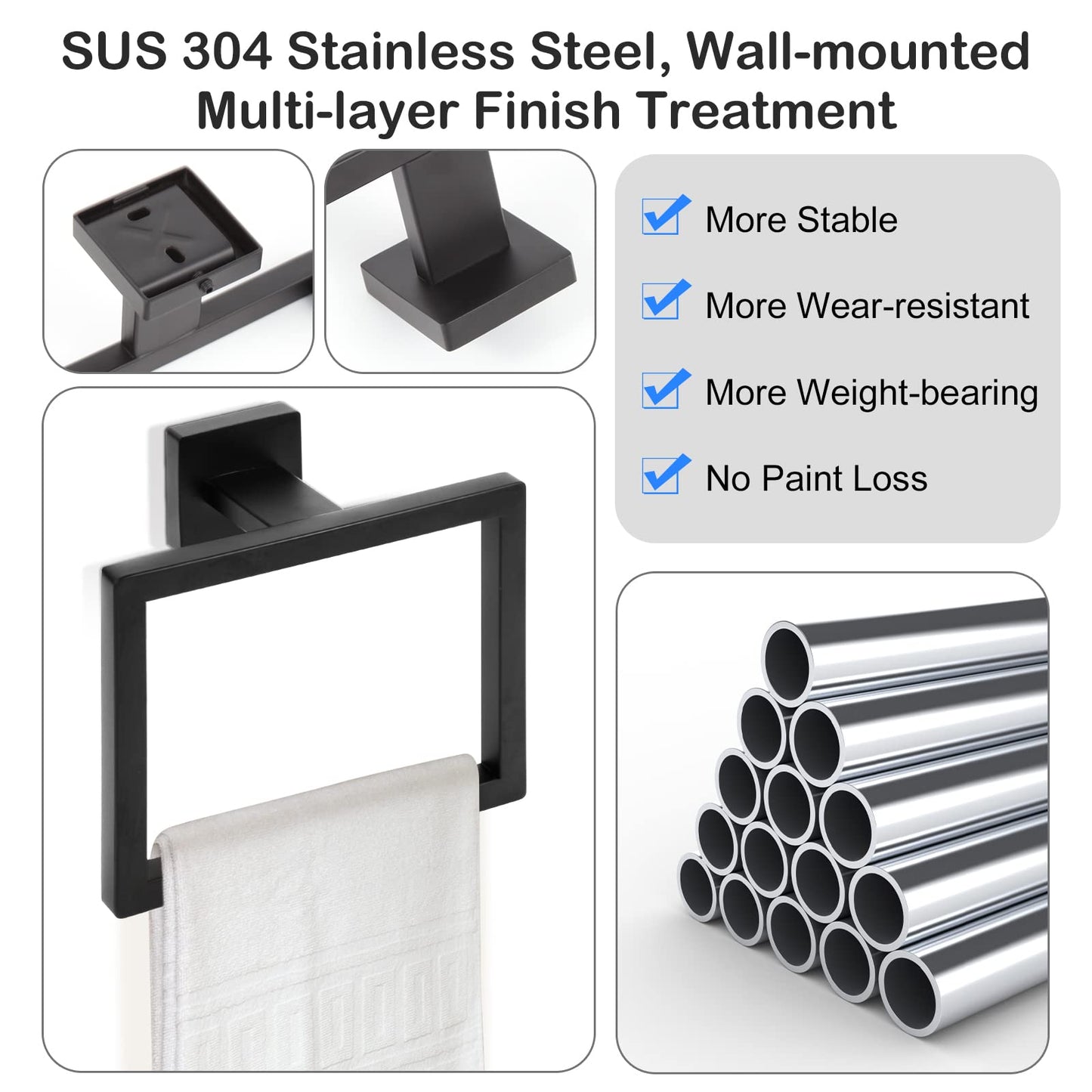 2-Piece Matte Black Square Towel Ring,Modern Hand Towel Holder for Bathroom,Stainless Steel Towel Hangers Wall-Mounted Bathroom Accessories