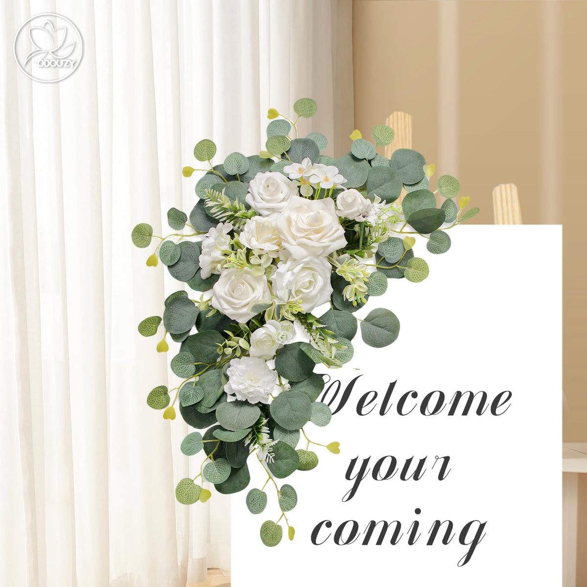 Odouzy Artificial Wedding Arch Flowers for Wedding Sign,Set of 2 for Welcome Ceremony Sign,Faux Floral Swags,Wedding, Banquet and Reception Backdrop Floral Decoration (White)