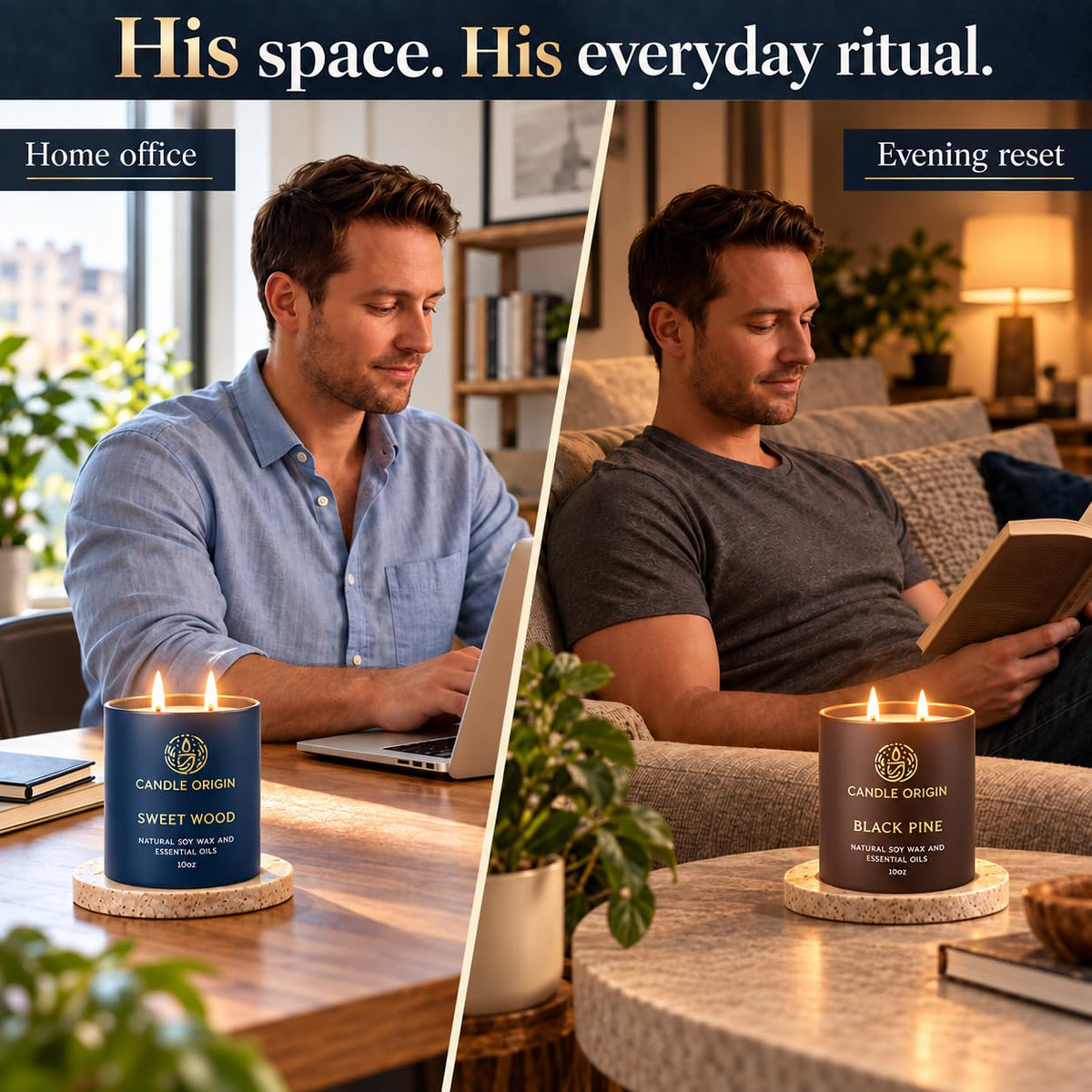 Scented Candles for Men, Premium Gift Set 3x10oz, Strong Long Lasting Soy