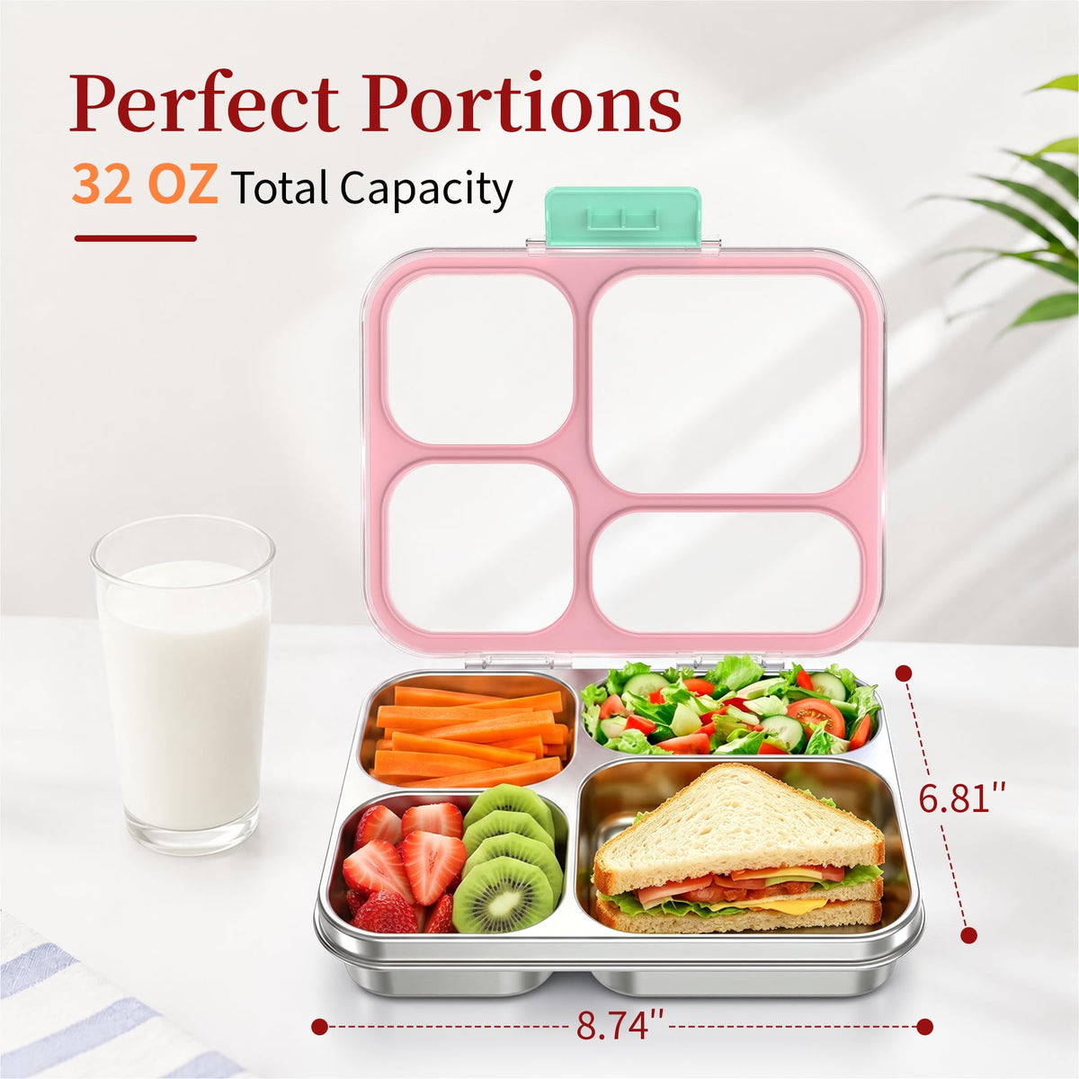 Reeple Stainless Steel Lunch Box for Kids, Leakproof 4 Compartment Kids Bento Lunch Box with Clear Lid, BPA-Free Steel Lunch Box Containers for School Travel (Pink)