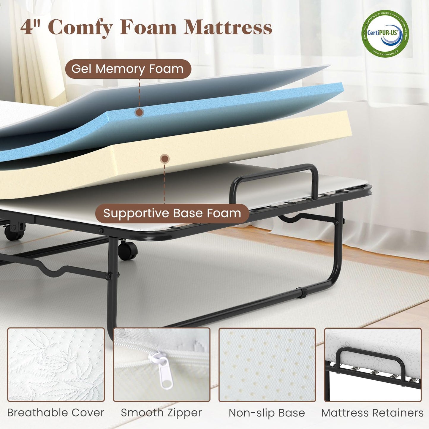 KOMFOTT Folding Bed with Mattress, Cot Size Rollaway Guest Bed with Heavy-Duty Metal Frame & Lockable Wheels, Space Saving Portable Fold up Sleeper Beds for Office, Apartment, Small Spaces