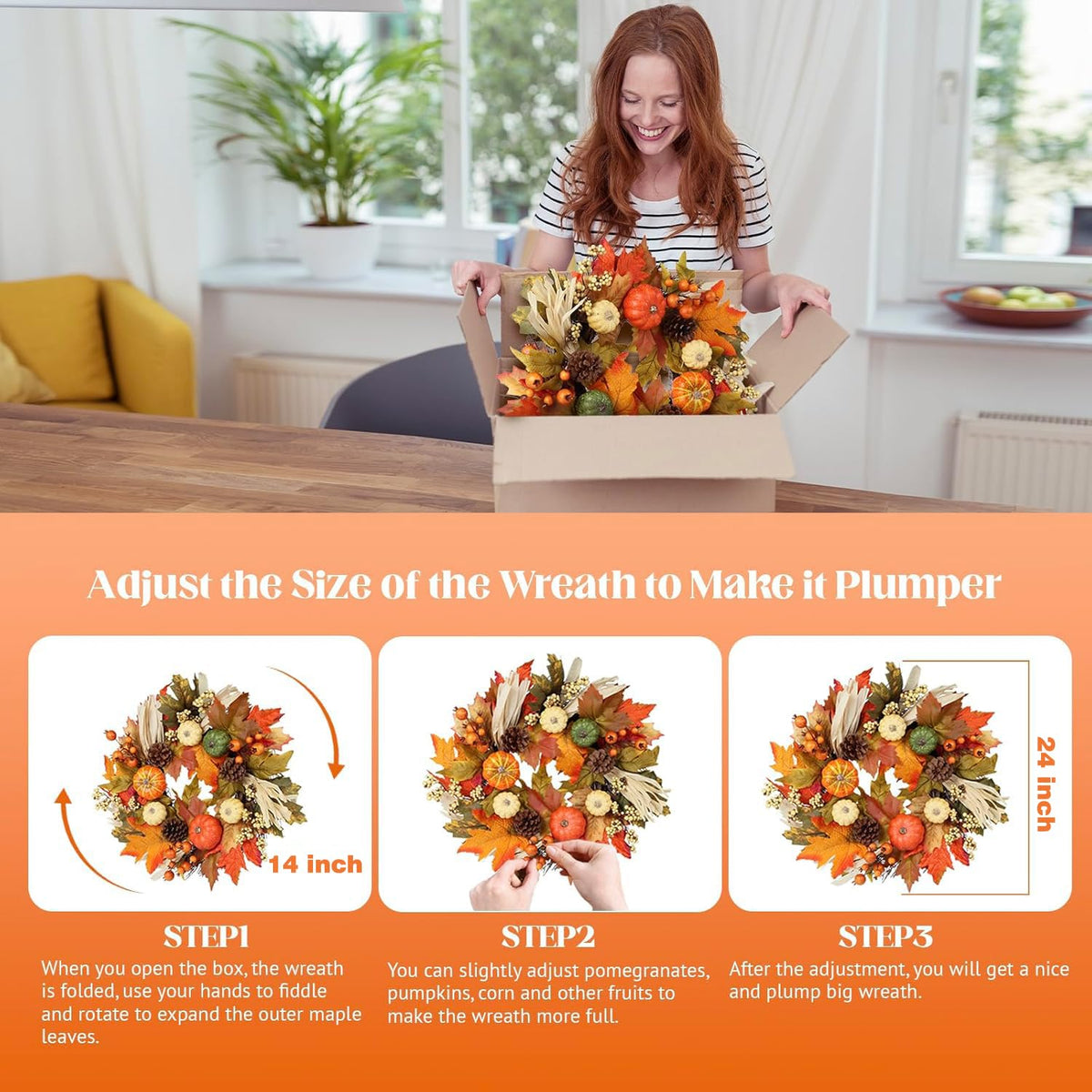 24 Inch Fall Wreaths for Front Door,Autumn Pumpkin Maple Wreath with Hanger