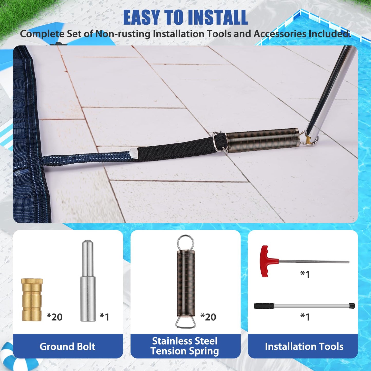 Inground Pool Cover Safety Fits Rectangle Swimming Pool, Mesh Solid Pool Cover for Inground Pools,Winter Pool Safety Cover Includes Safety Net and Installation Tools Blue (Blue, Fits 16x32ft Pools)