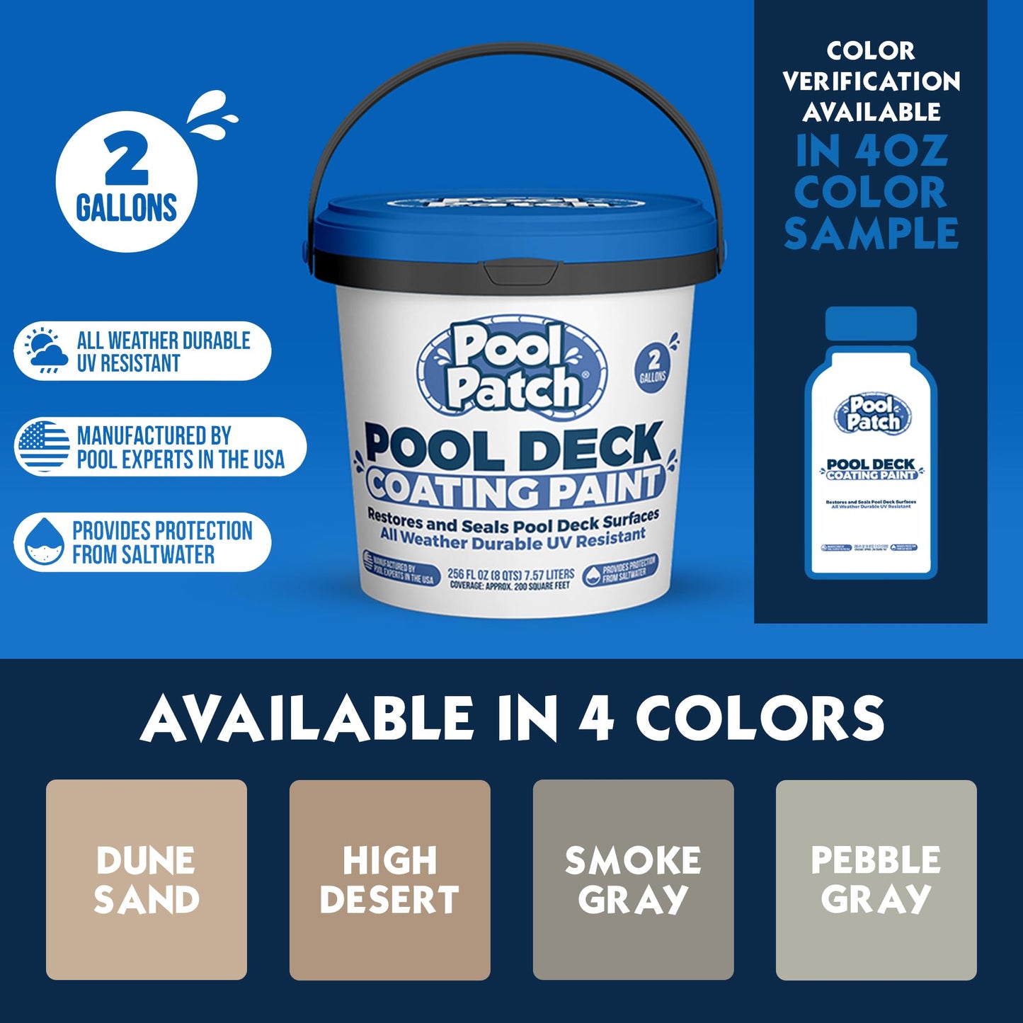 Pool Patch Pool Deck Paint Coating 2 Gallon - UV Resistant Cool Coating for Pool Decks - Roll or Spray Concrete Paint That Restores, Repairs, and Seals Cool Deck Surfaces - Covers 200 SF of Decking