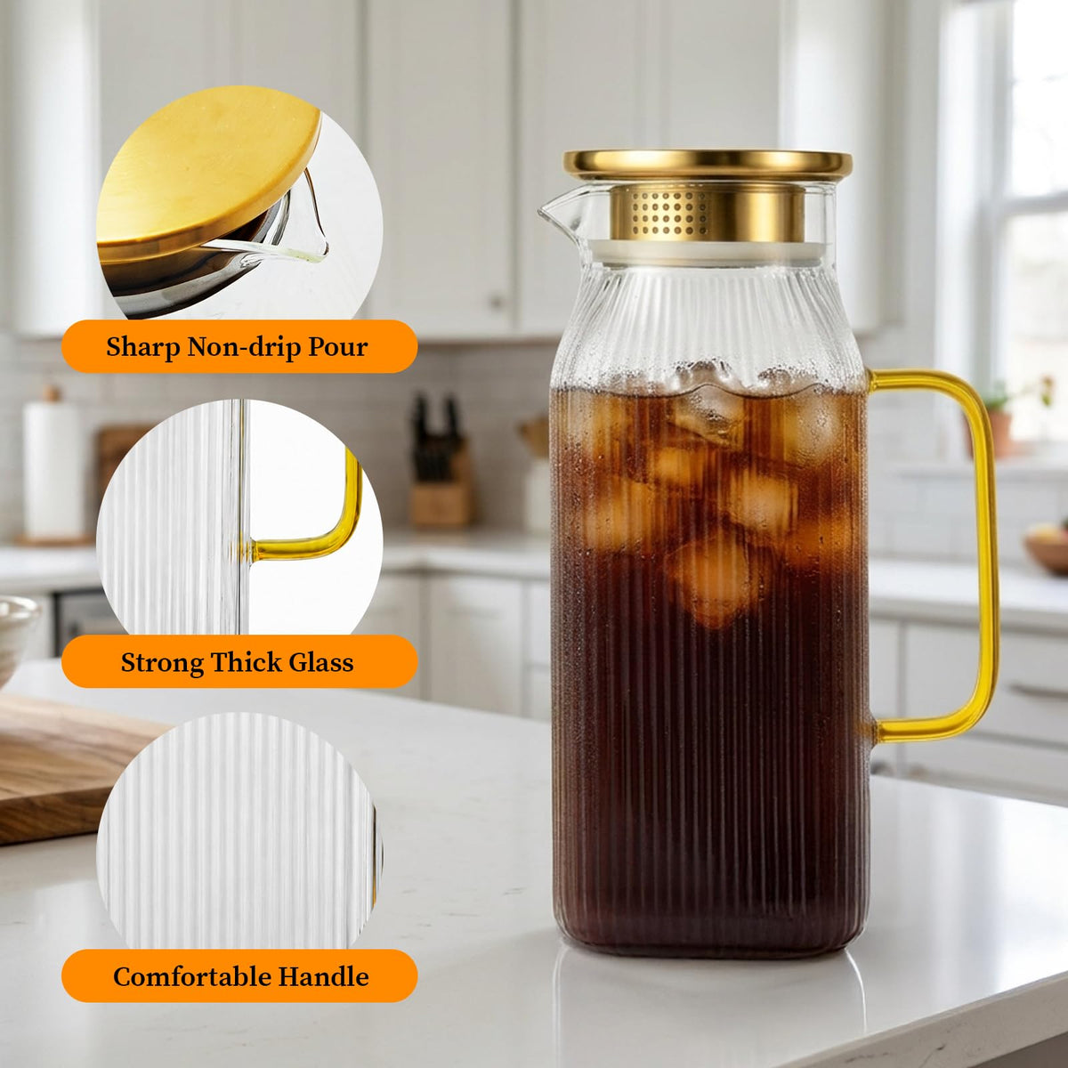 2 Pack Glass Pitchers with Gold Lids, 68 oz/2 Liter Sun Tea Pitcher, Square Pitcher with Vertical Stripes and Handle, Heat-Resistant, Suitable for Refrigerator Storage, Tea and Beverage Container