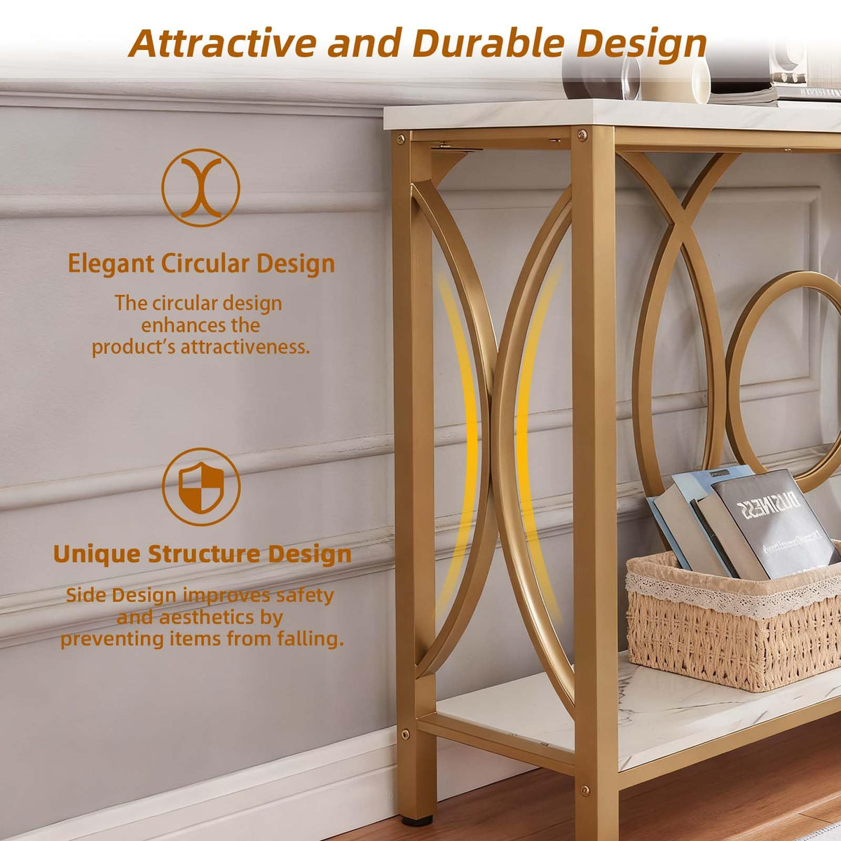 Entryway Narrow Console Table, 55 Inch Long Gold Sofa Table, White Marble
