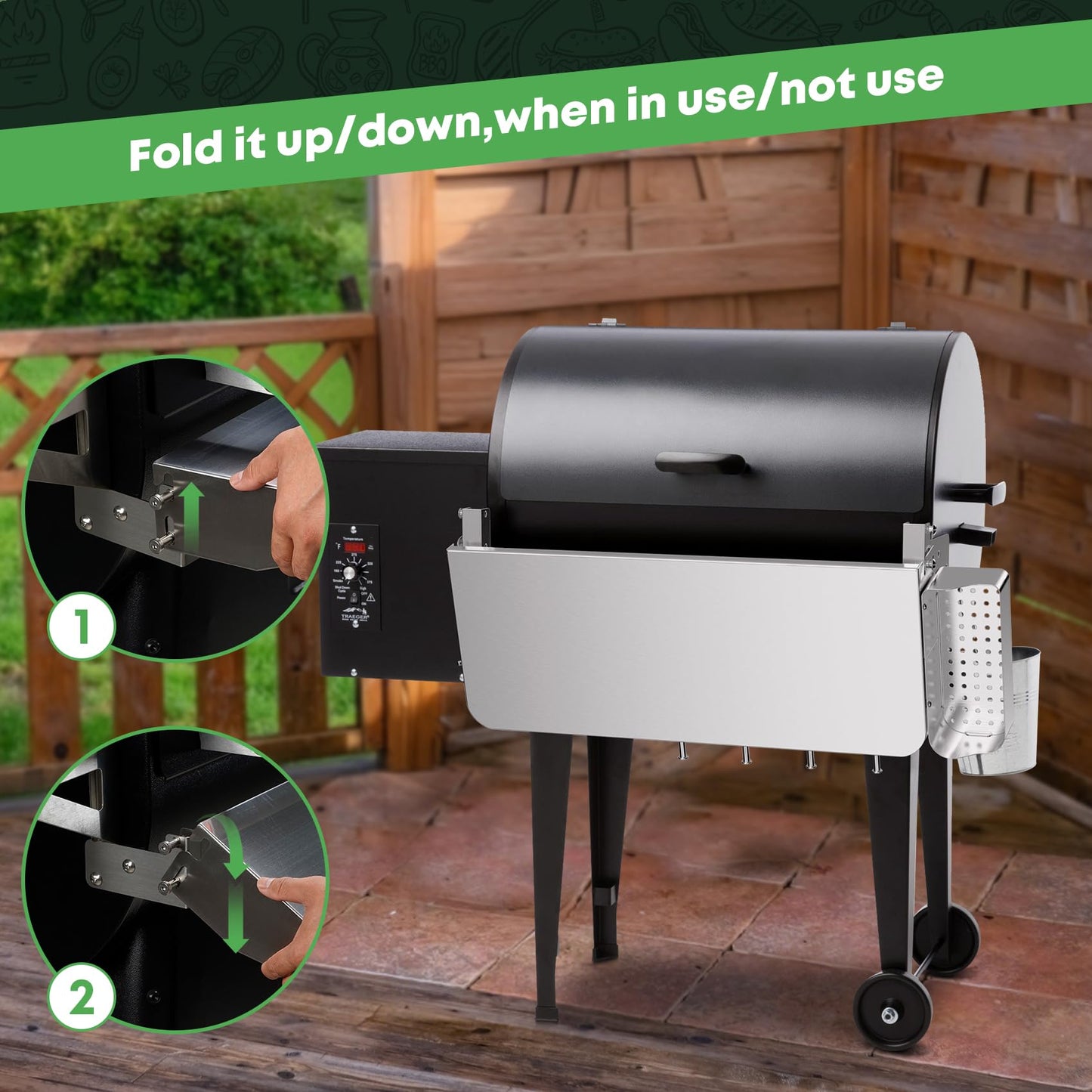 Stanbroil Stainless Steel Folding Front Shelf for Traeger 20 Series Pellet Grills, Grill Accessories with Caddy Organizer, Paper Towel Holder & Hook for Traeger BAC361 Shelf