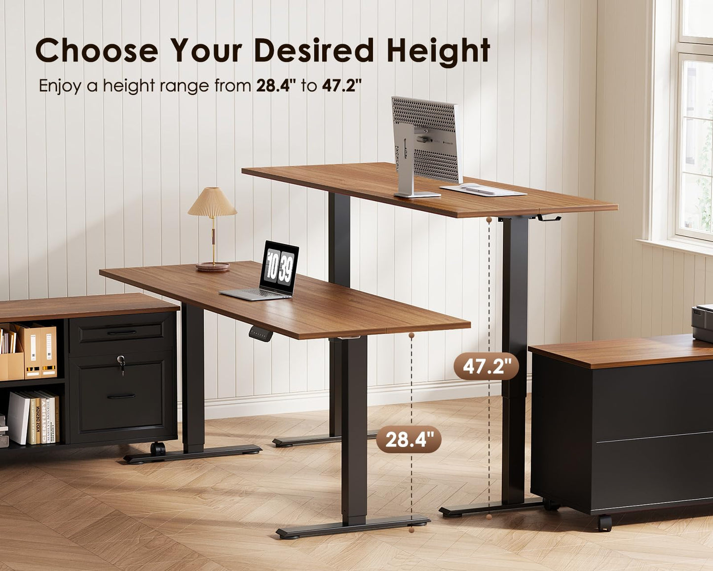 OffiGo 48 Inch L Shaped Electric Standing Desk with Drawers & File Cabinet Sets, Executive Sit Stand Desk, Height Adjustable Computer Desk for Home Office, Writing, Workstation, Walnut+Black