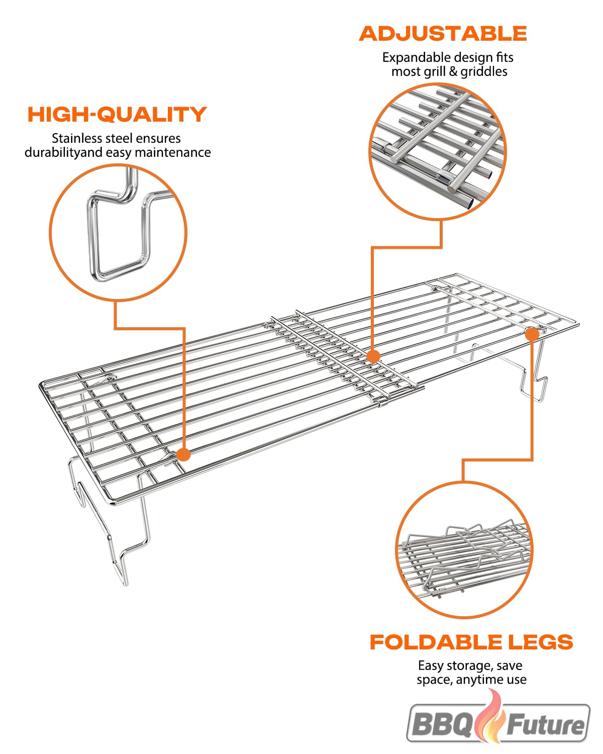 BBQ Future Universal Adjustable Warming Rack for Grills, Folding Stainless Steel Upper Rack for Pit Boss Traeger Pellet Smoker Weber Charbroil Gas Grill Blackstone Griddle & More, Dishwasher Safe