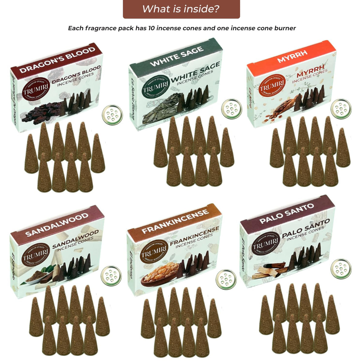 Trumiri Woody Incense Cones - Variety Pack - Total 60 Cone Incense (6 Scents x 10 Conos) - White Sage, Palo Santo, Dragons Blood, Sandalwood - Inscents-Cones Scented - Insense Cones - Incent Cone