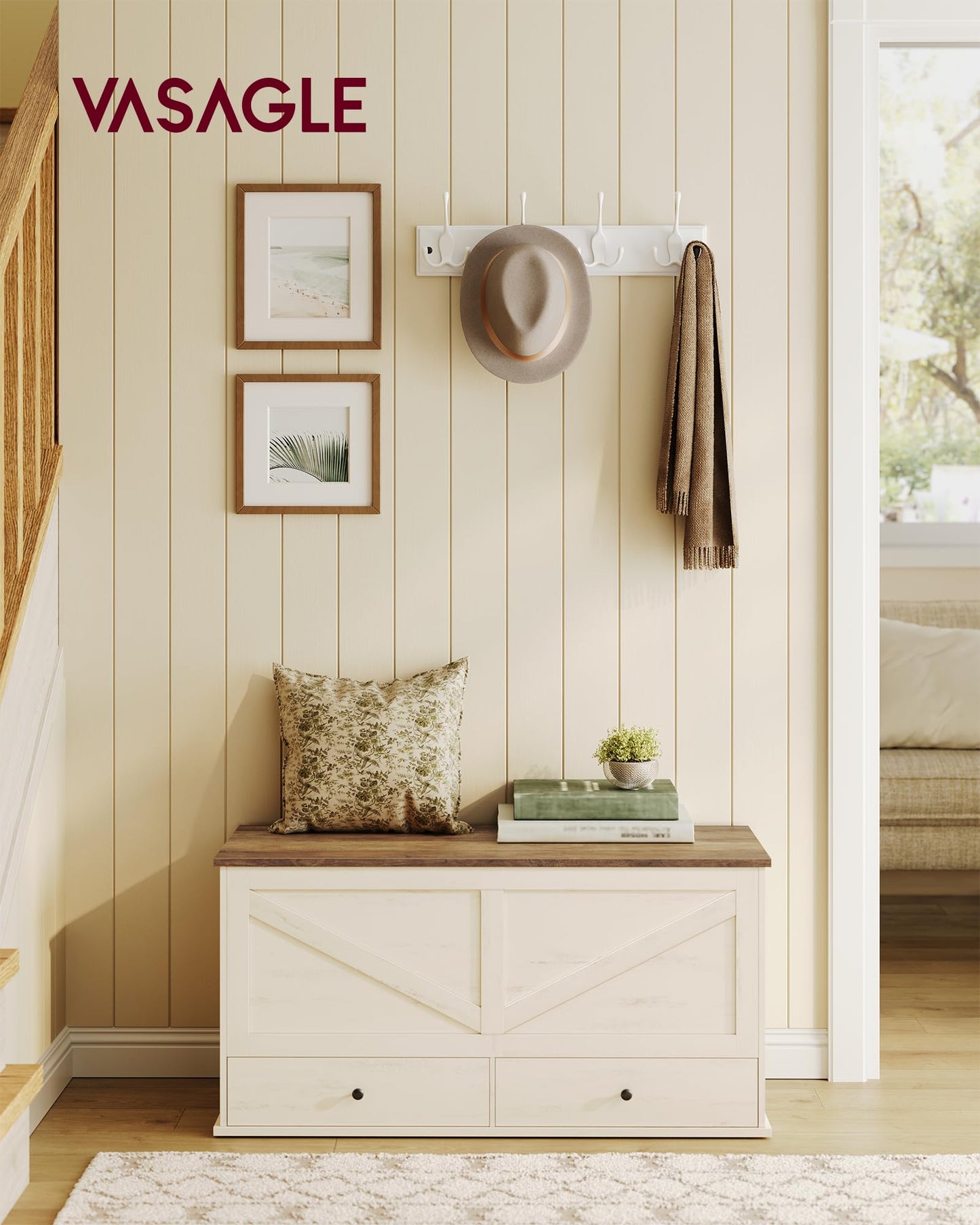 VASAGLE Storage Chest, Storage Bench with 2 Fabric Drawers, Farmhouse Style, for Entryway, Bedroom, Living Room, 15.7 x 39.4 x 19.9 Inches, Rustic White and Honey Brown ULSB043W02