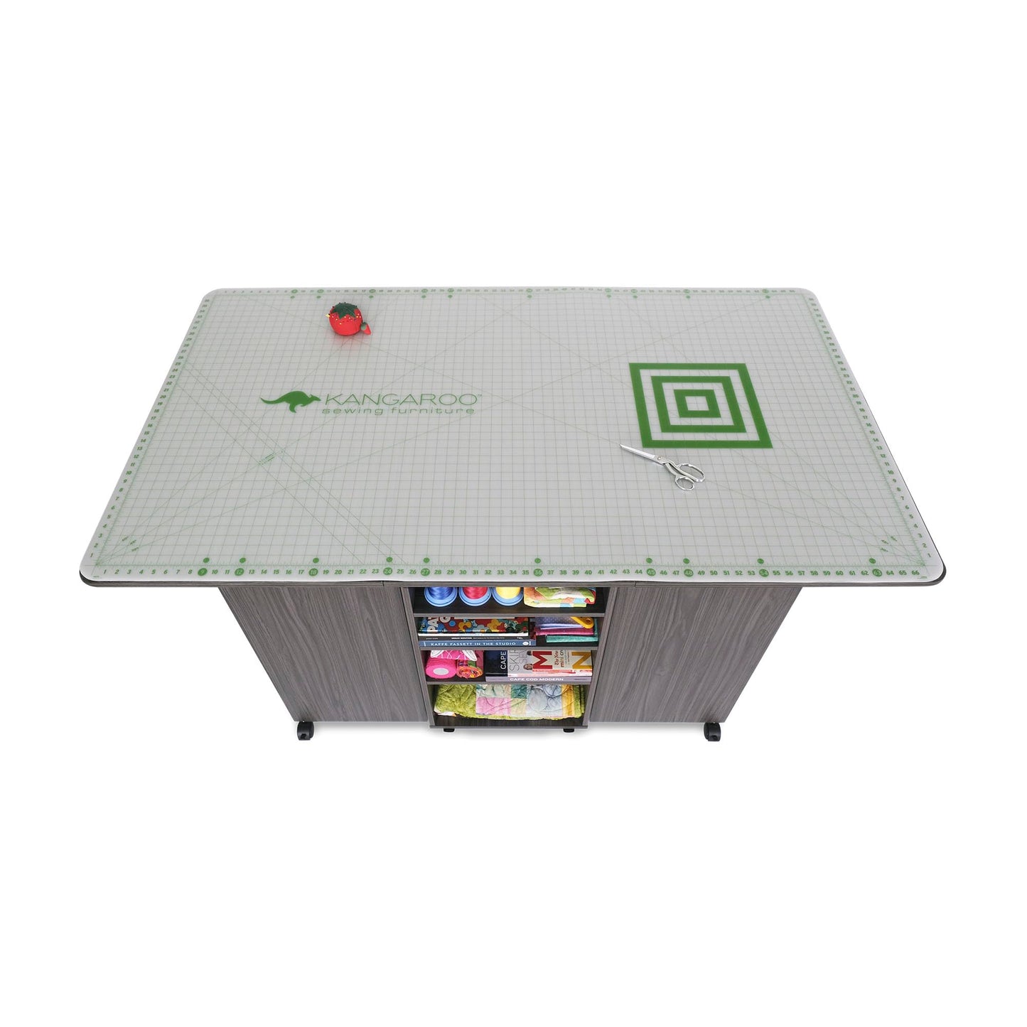 Kangaroo Kookaburra Cutting Table – Large Sewing, Quilting & Craft Workstation with Expandable 70” x 40” Surface, Storage Drawers, Shelves & Rolling Locking Casters, Gray Finish