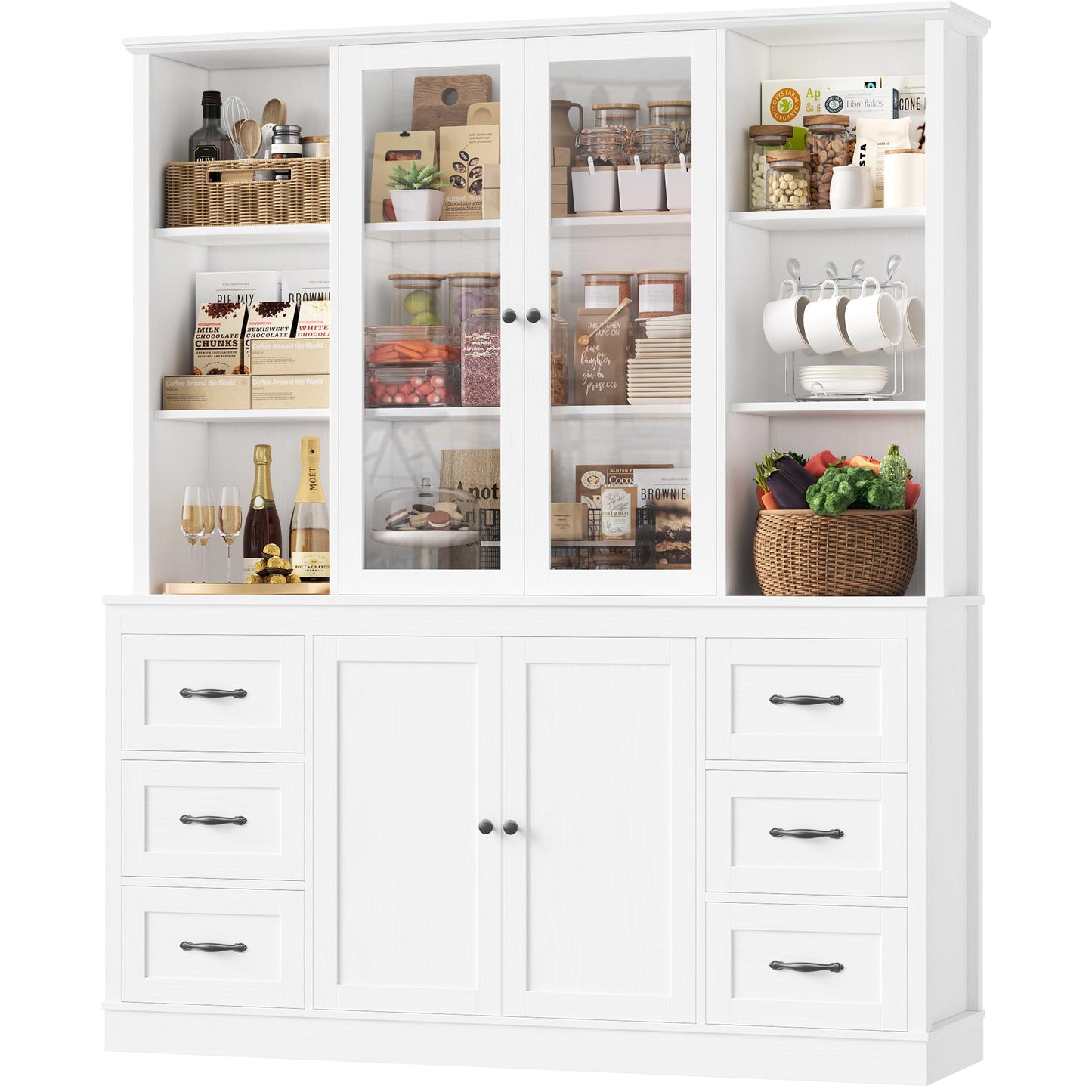 HIFIT 74.4''Hx63''W Large Pantry Cabinet for Food Storage, Kitchen Hutch Cabinet with Storage, Glass Doors Tall Wine Bar Cabinet, Large Bookcase with Drawers, White