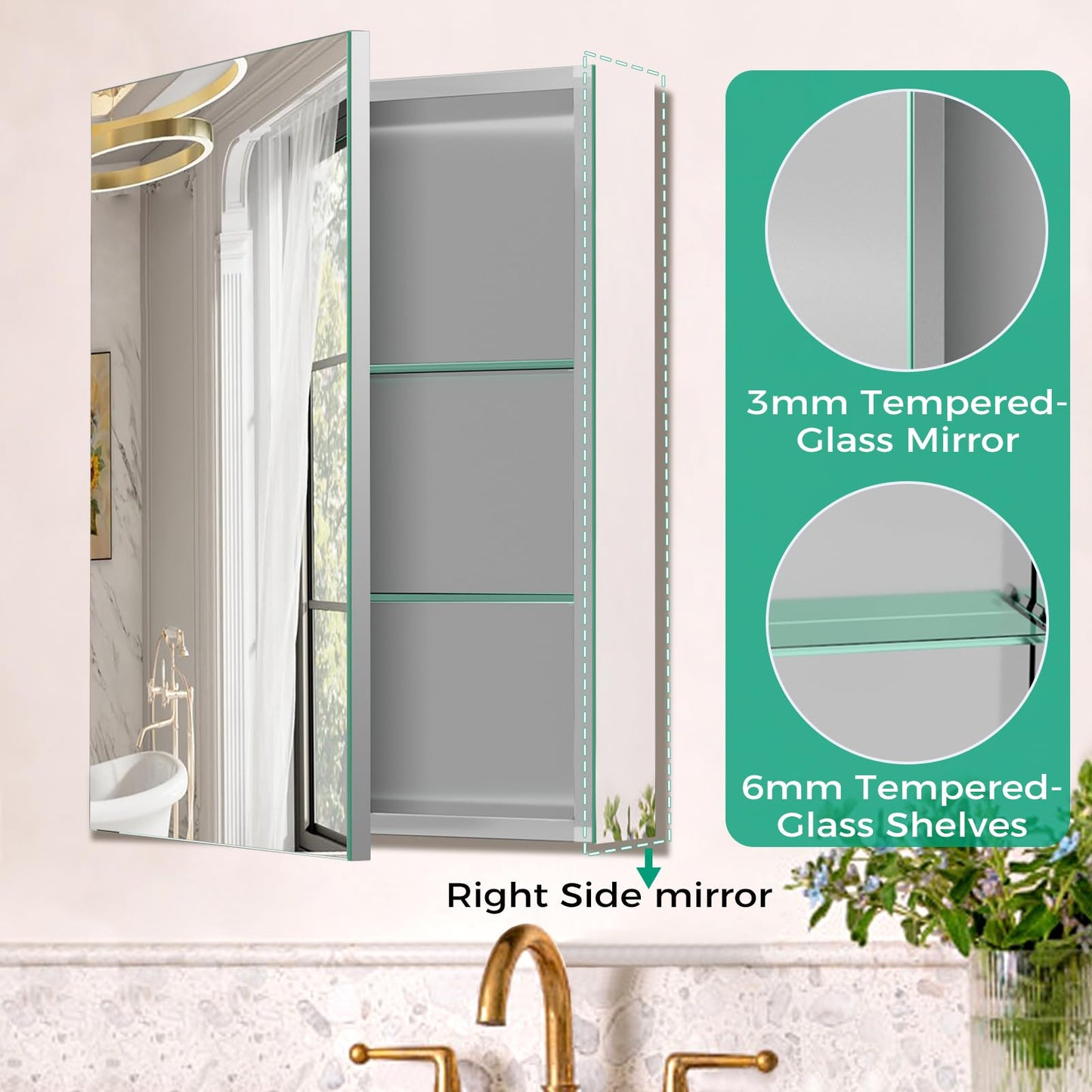 HABIUBIU 20 x 26 in Medicine Cabinet Mirror,Bathroom Mirror Cabinet with Adjustable Shelves,Aluminum Silver Medicine Cabinets for Bathroom,Recessed or Wall Mounted Medicine Cabinets（Assembly Required