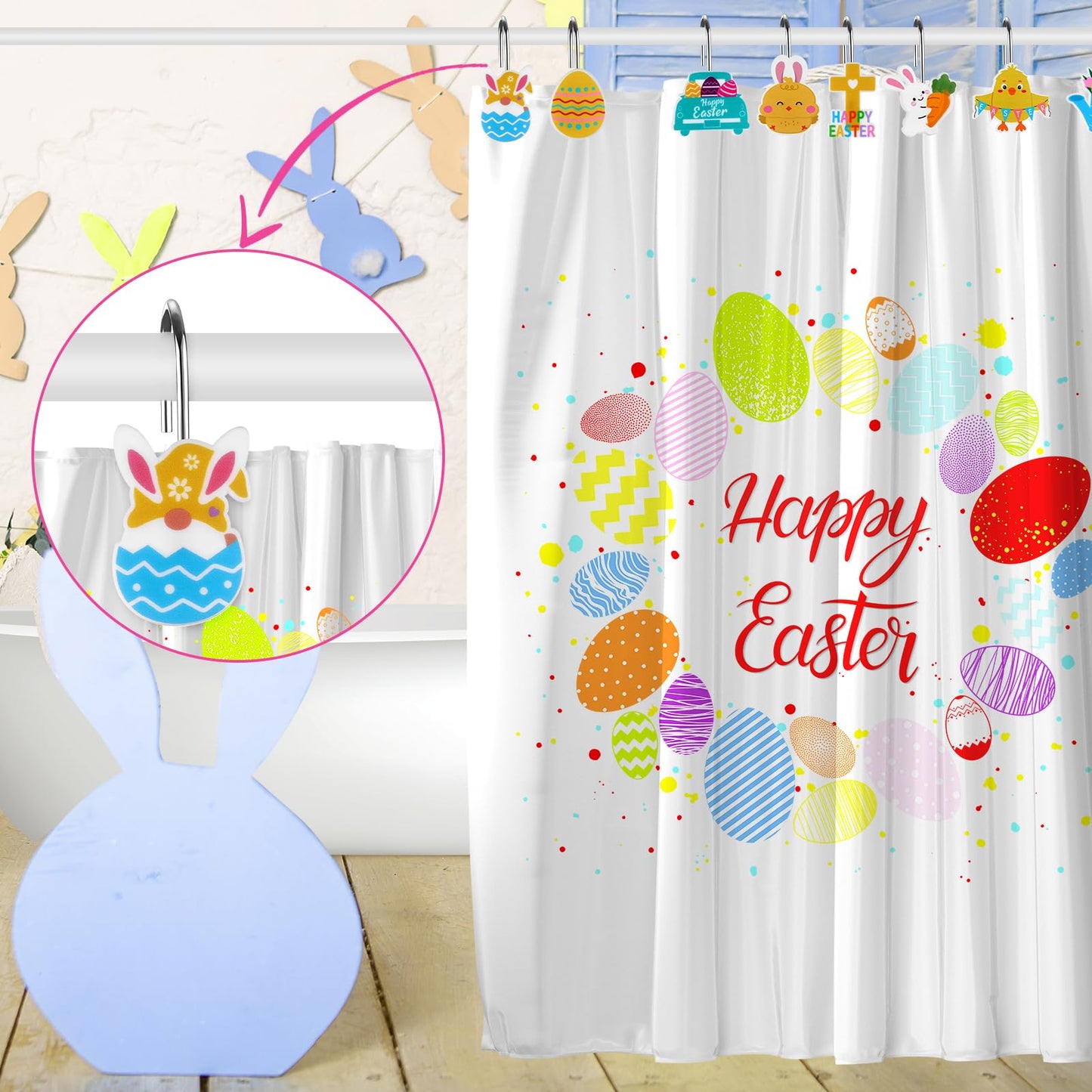 Haiabei 12Pcs Shower Curtain Hooks Hangers Decorative Metal Rustproof Bathroom Room Pendants Decor Accessories with Bunny Happy Carrot Flower Chick Rabbit Stainless Curtains Rings