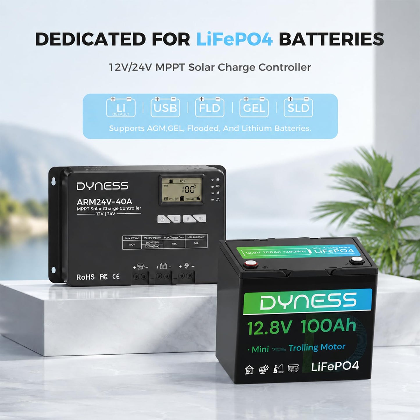 Dyness 40A 12V/24V Auto MPPT Solar Charge Controller , APP Control & LCD Display, 40 Amp Solar Regulator for LiFePO4/AGM/Gel/FLD/SLD Batteries - RV, Marine, Off-Grid Systems