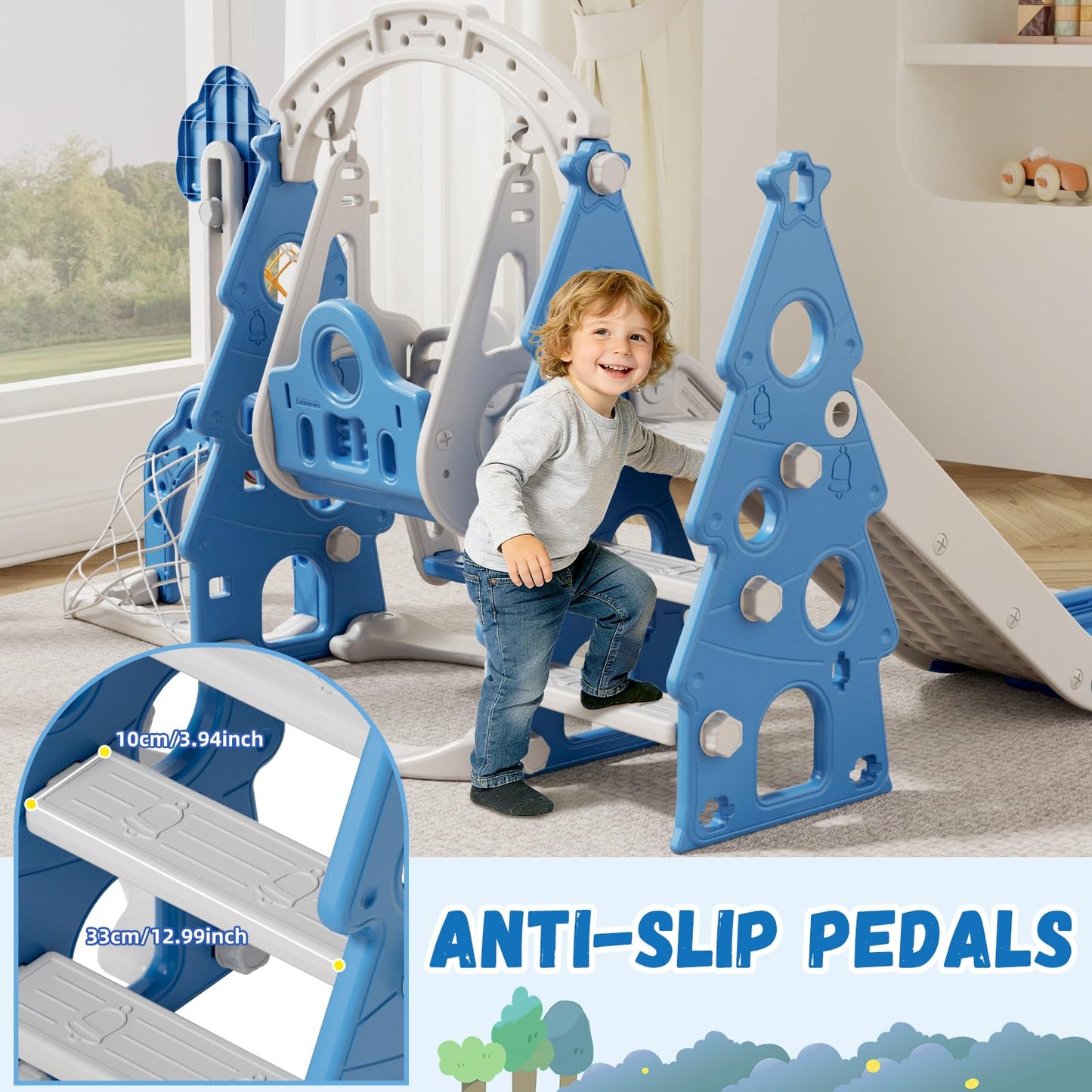 XJD 6-in-1 Toddler Slide and Swing Set, Kids Slide for Toddlers Age 1+, Toddler Outdoor Playset with Basketball Hoop, Football Frame, Swing, Christmas Birthday Gifts for Kids (Light Blue)