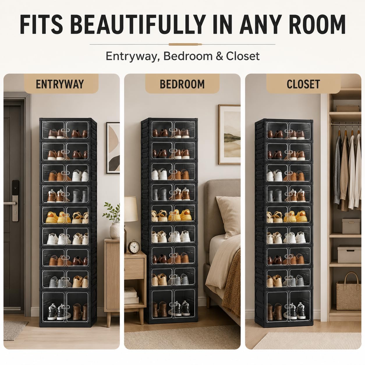 UFORU 9-Tier Black Foldable Shoe Rack,18-Pair Organizer with Magnetic Doors