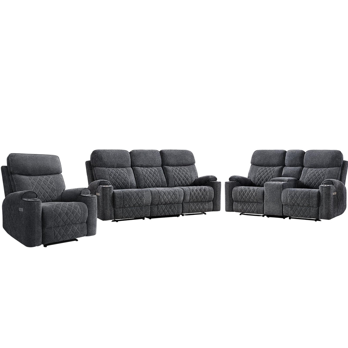 HAOMARKETS 3-Piece Power Recliner Sofa Set with Charging Port, Include Single Recliner Chair, 2-Seater Loveseat Reclining Couch and 3-Seater Reclining Sofa with Cup Holders for Living Room, Dark Grey