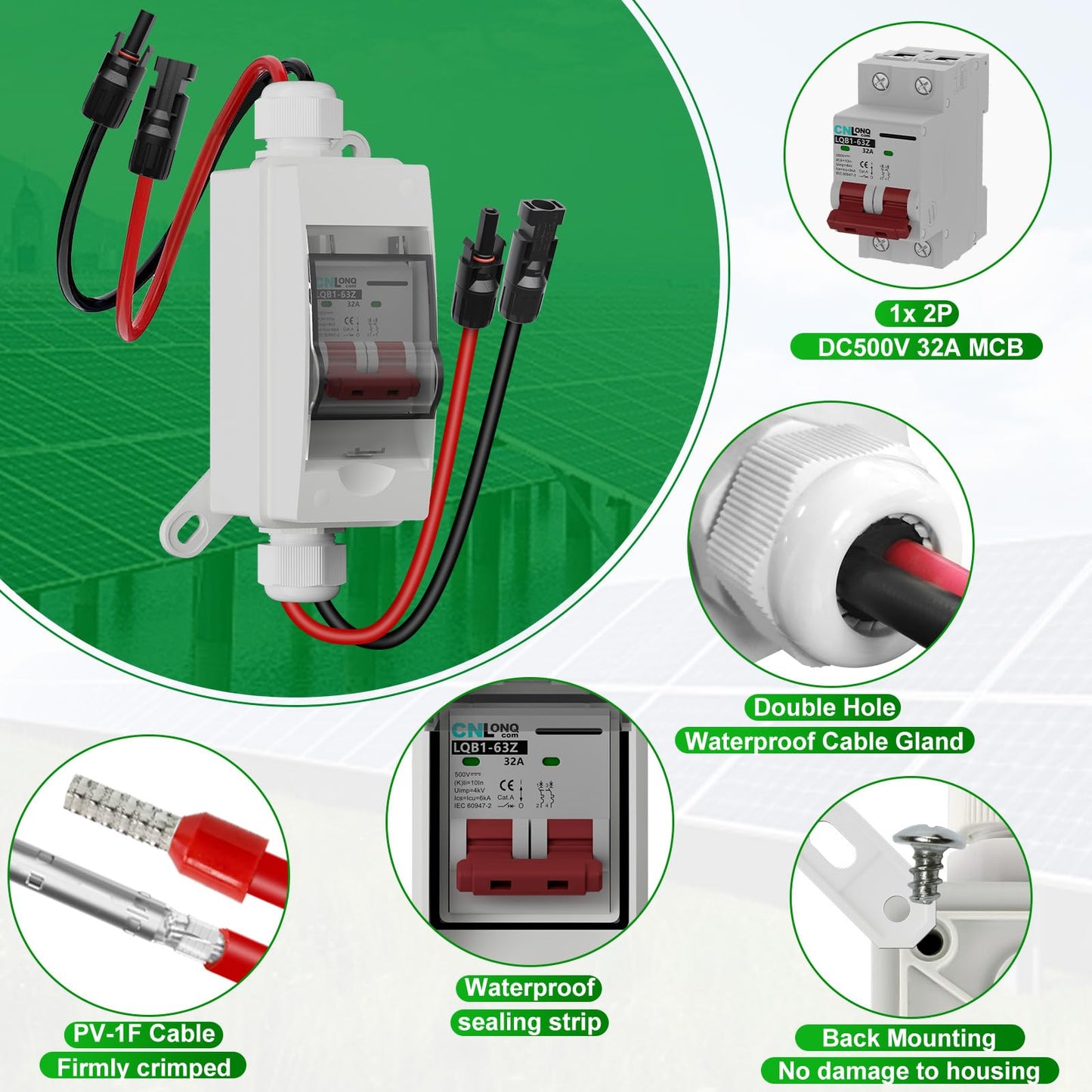 CNLonQcom Solar Panel Disconnect Switch 32 Amp 500V DC Miniature Circuit Breaker with Plug-and-Play Connector and IP65 Waterproof Box for Outdoor PV or AC Stystem, RV and Solar