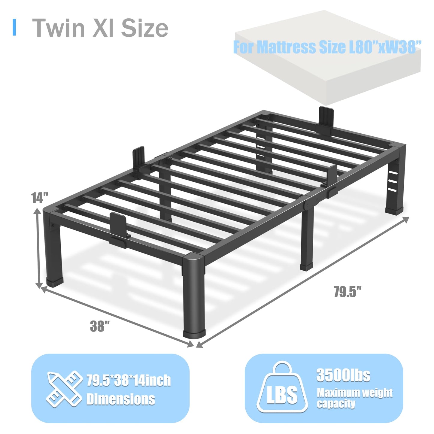 Yitong Angel 14 inch Twin XL Bed Frame with Rounded Corner Legs and Headboard Hole Mattress Slide Stopper 3500 LBS Heavy Duty Support Metal Platform,No Box Spring Needed, Noise Free,Easy Assembly