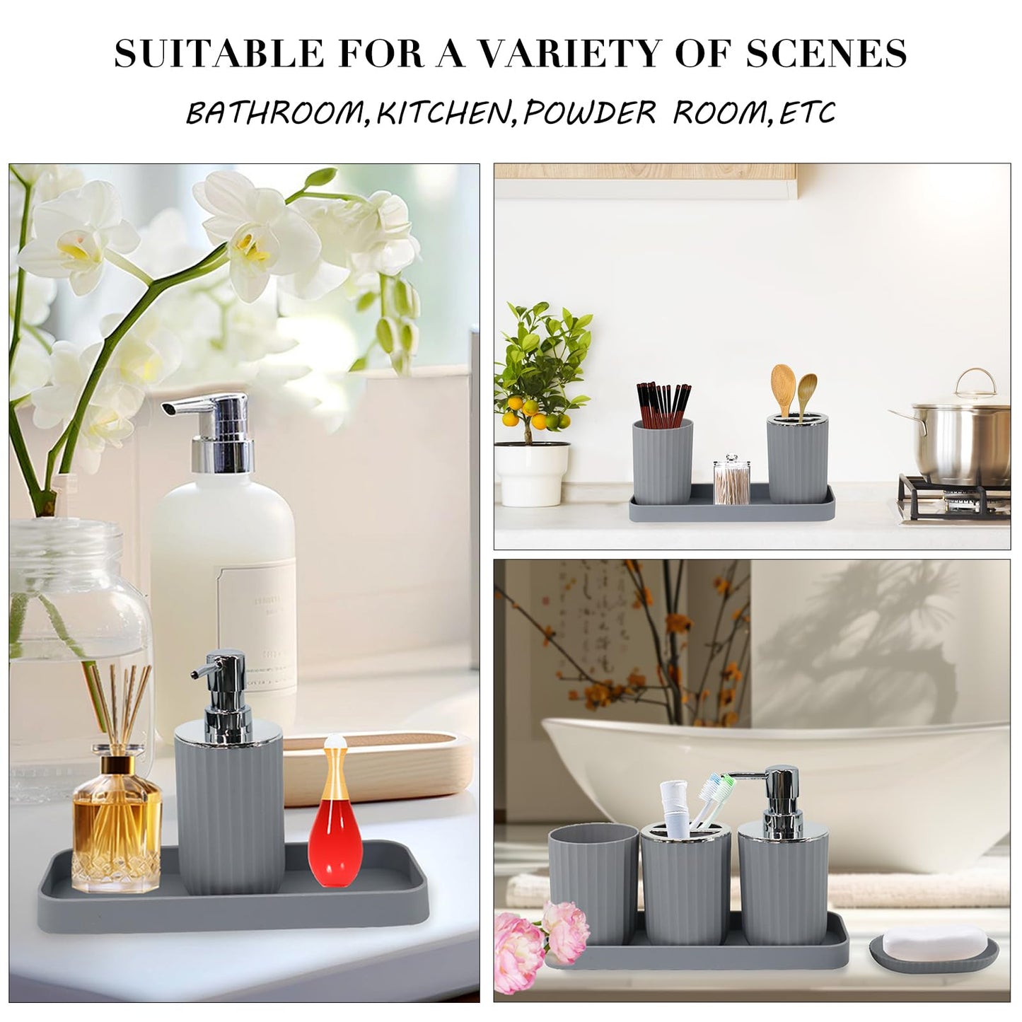 Grey Bathroom Accessories Set with Shower Curtain, Trash Can, Lotion Soap Dispenser, Soap Dish, Toothbrush Holder, Toothbrush Cup, Toilet Brush Holder and Tray for Bathroom Decor