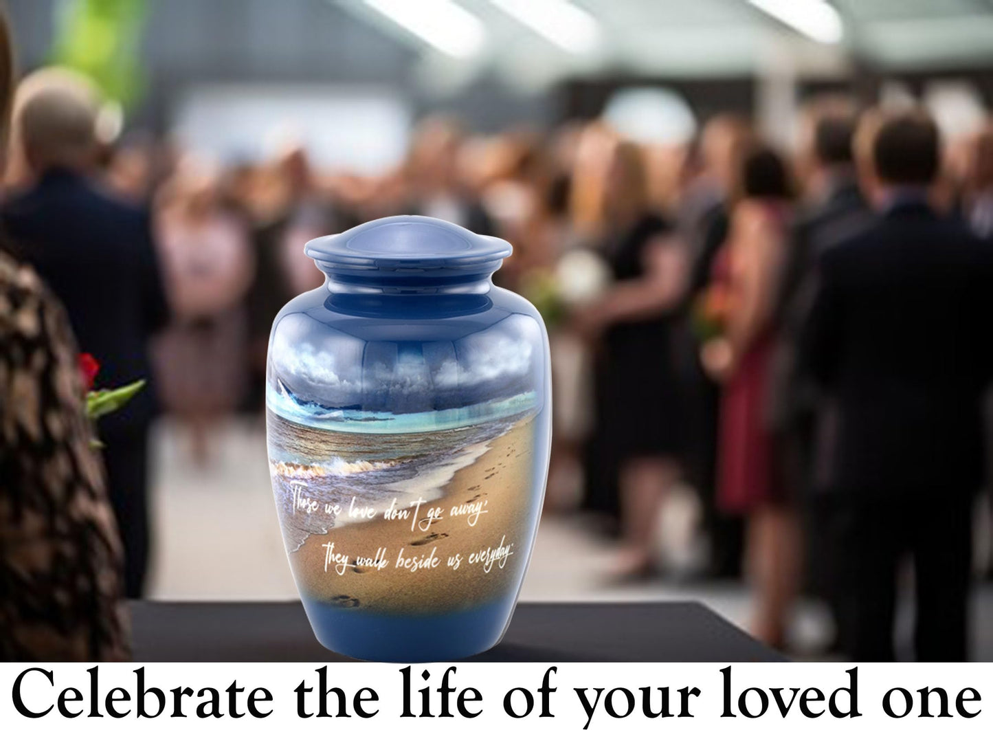 Footprints Cremation Urn - Ocean Blue Memorial Urn with Beach & Waves – Full-Size Handcrafted Metal Funeral Urns for Men & Women’s Ashes (Up to 210 lbs) – A Beautiful Tribute for Ocean Lovers