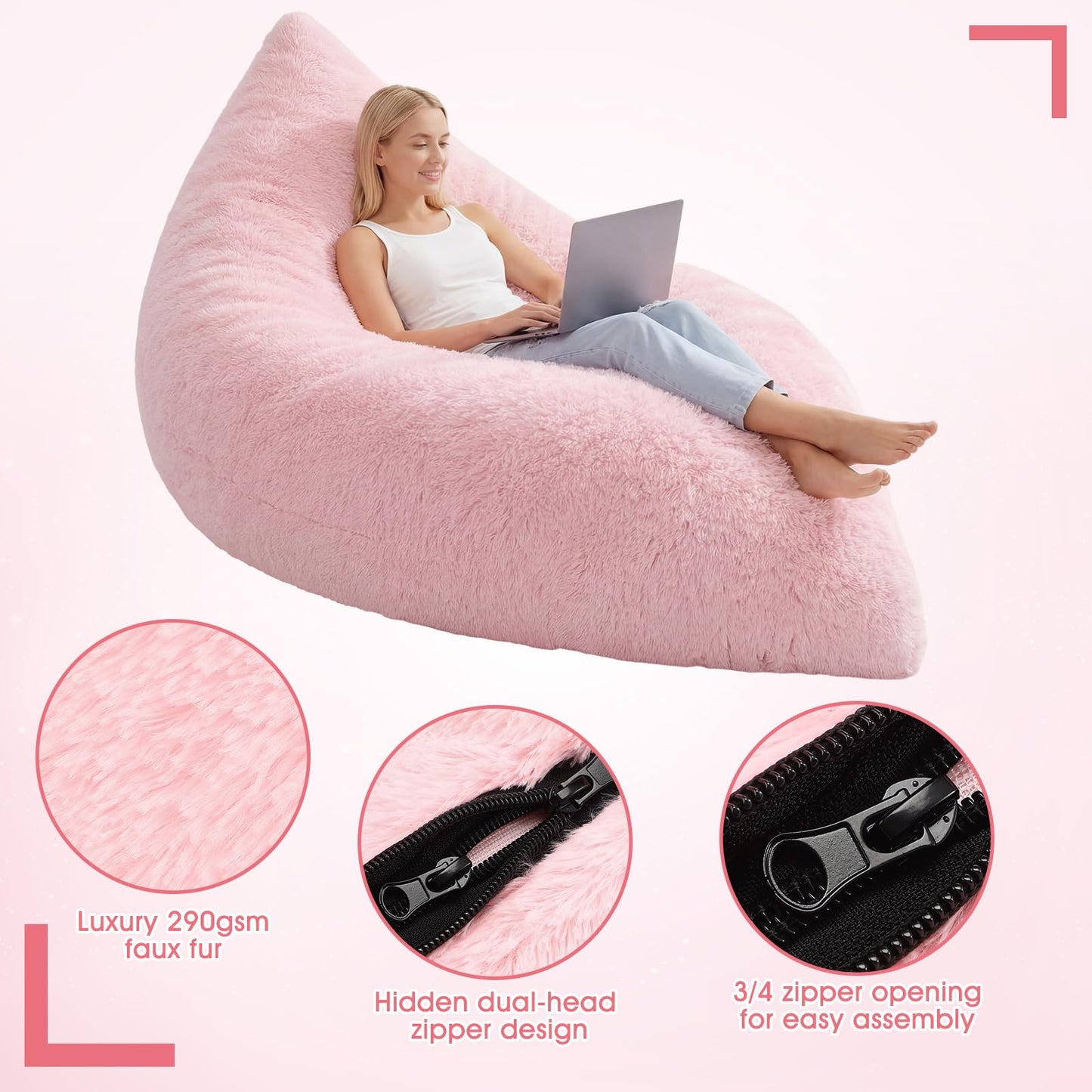 Cinnvoice Big Pink Bean Bag Chair Cover Only (No Filler) Extra Large Convertible Bean Bag Lazy Floor Cushion Sofa Cover Faux Fur Washable Stuffed Animal Storage for Adults Bedroom Living Room