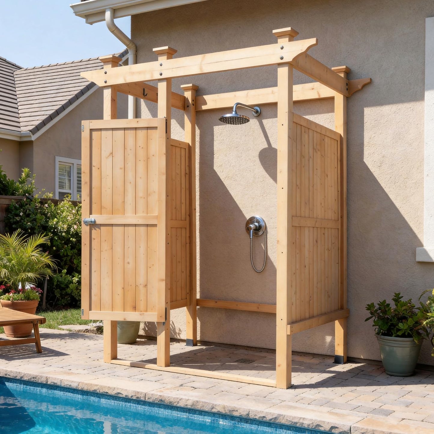 MOUMON Outside Shower Enclosure with Lockable Door, Cedar Wood Privacy Outdoor Shower Stall with Hooks & Shelves, Outdoor Changing Room Wash Station for Pool Beach, Natural, 65.7”D x 65.7”W x 83.7”H