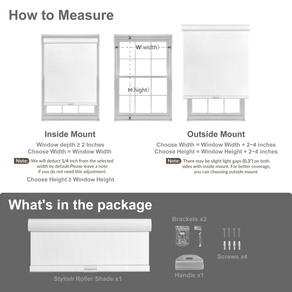 Boolegon Blackout Roller Shades for Windows, White, Custom Size
