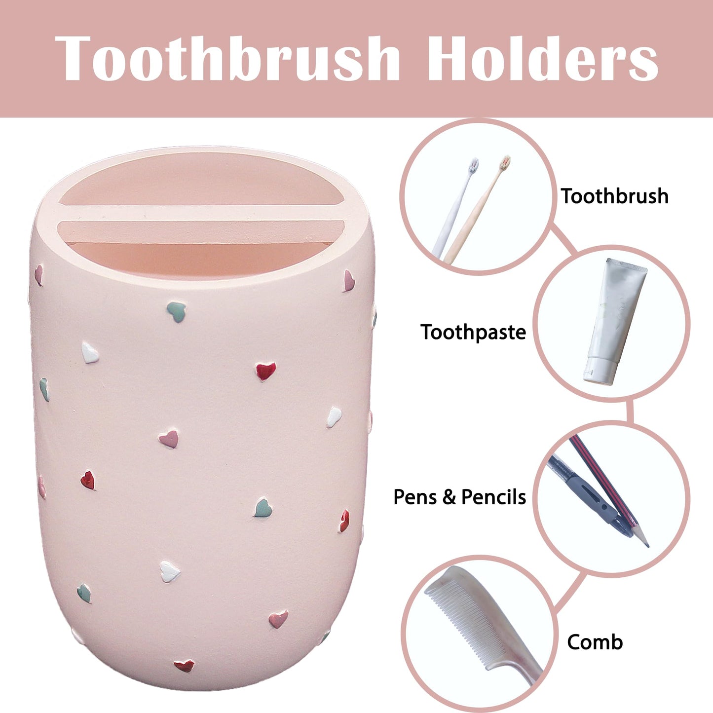 Bathroom Accessories Sets 4-Piece, Premium Pastel Heart Bathroom Accessory Complete Set - Toothbrush Holder, Lotion Soap Dispenser, Vanity Tray, Bathroom Tumbler for Countertop Vanity (Pink)